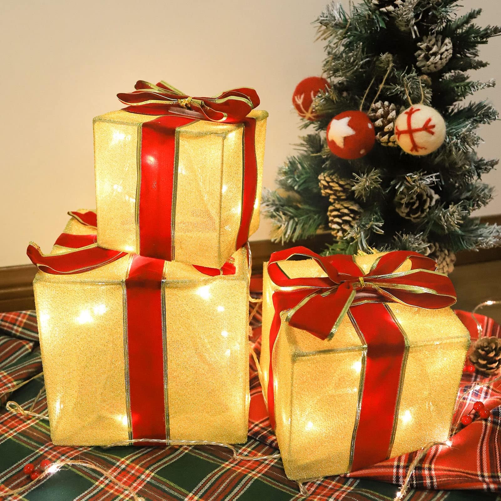 RIZZARI Decorazioni per scatole natalizie: set di 3 scatole regalo illuminate natalizie con fiocchi rossi per albero di Natale, decorazioni per interni ed esterni
