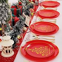 Vista 6 de LIYH 150 Pcs Plastic Christmas Dinnerware Set, Red Plastic Dinner Dessert Disposable Plates, Gold Silverware, Red Christmas Disposable Cups 10 OZ