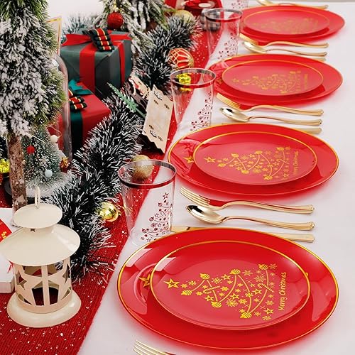 Miniatura 6 de LIYH 150 Pcs Plastic Christmas Dinnerware Set, Red Plastic Dinner Dessert Disposable Plates, Gold Silverware, Red Christmas Disposable Cups 10 OZ