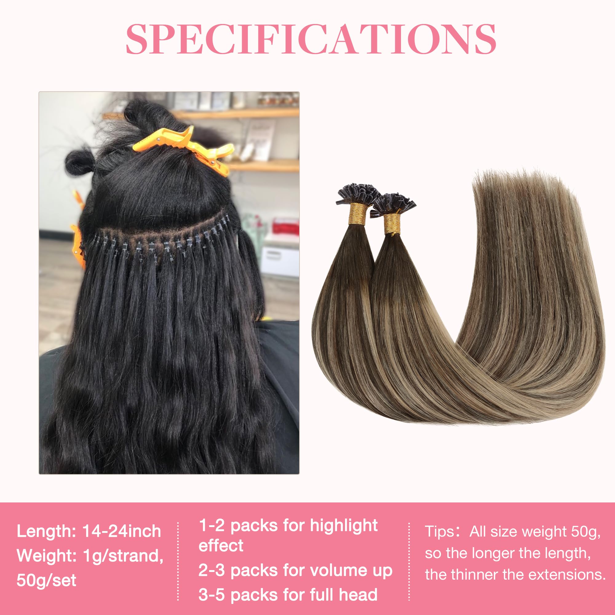 GOO GOO U Tip Hair Extensions Real Human Hair,Balayage Chocolate Brown to Honey Blonde 50g 14inch 50 Strands Hot Fusion Keratin Hair Extensions - Image 3