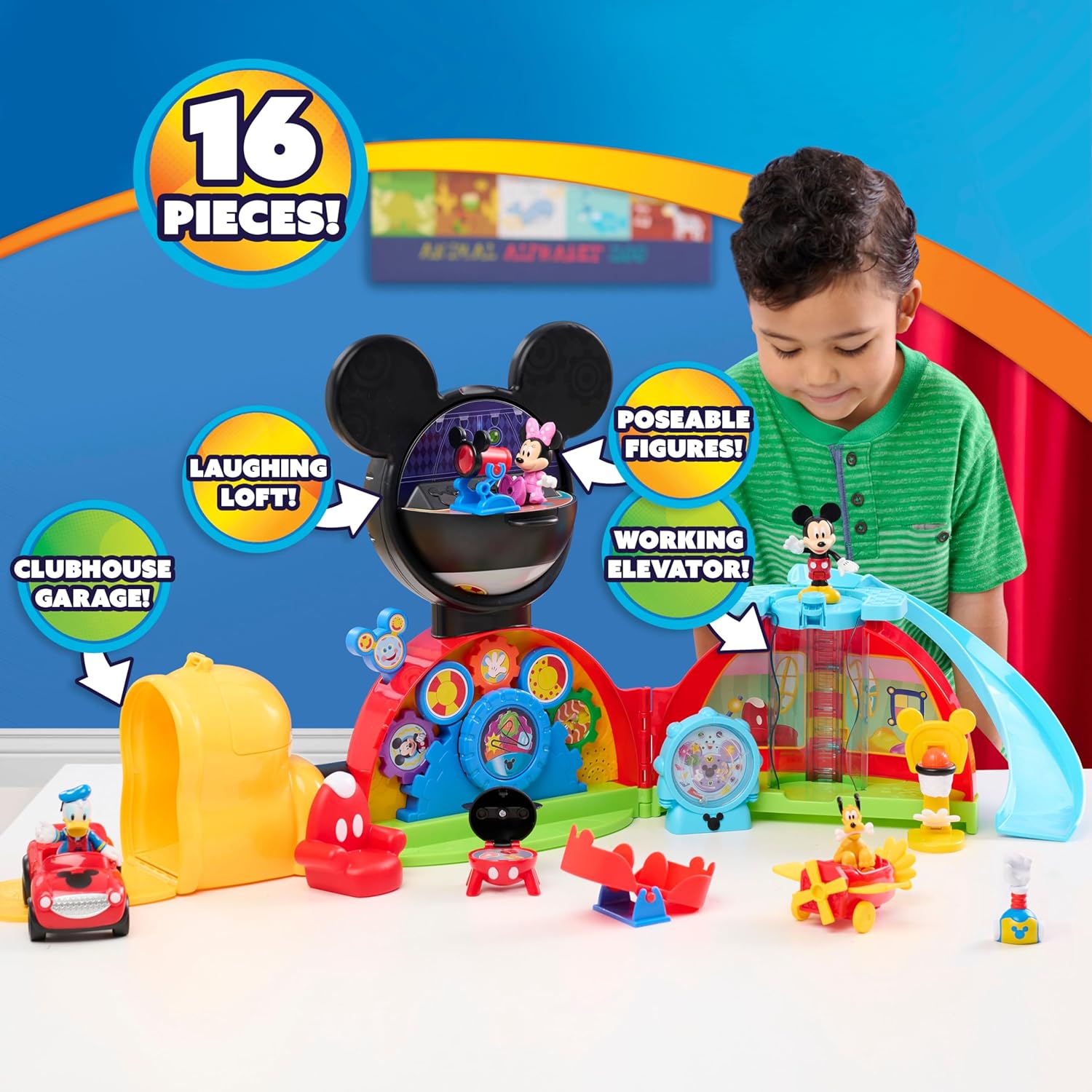 disney jr. mickey mouse clubhouse deluxe 28-inch playset with lights and sounds, 16-pieces, 3-inch articulated figurines, toy for fans, boys, kids, ages 3 and up by just play