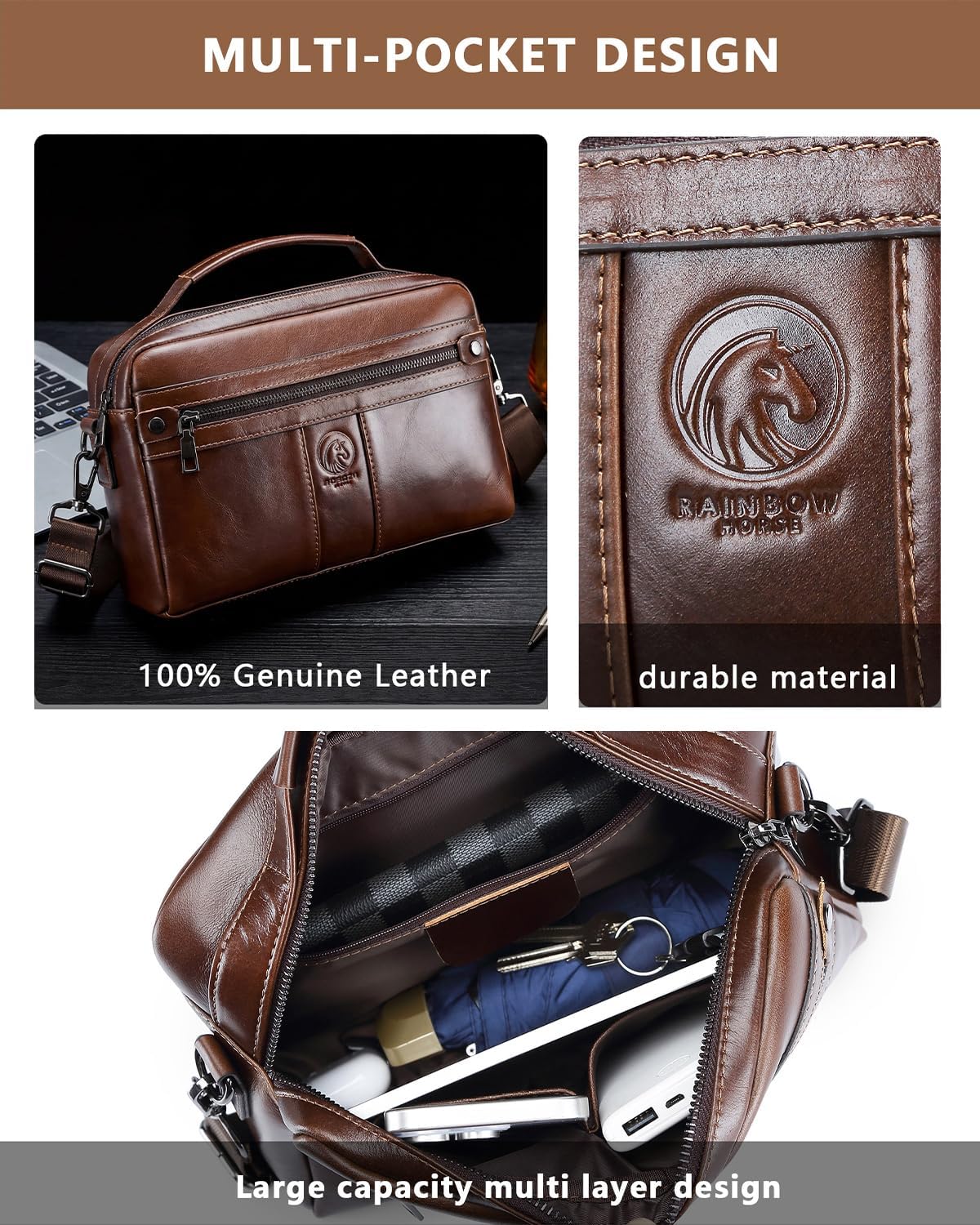 RAINBOW HORSE Genuine Cowhide Leather Crossbody Bag for Men, Vintage Leather Shoulder Bag with Multi-Pocket Design, 8-inch Tablet Messenger Bag for Daily Work Travel - Image 6