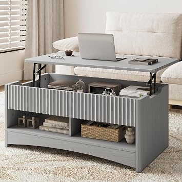 Amada Lift Top Coffee Table with Living Room, Modern Fluted Coffee Table with Drawers & Hidden Compartment, Coffee Tables for Living Room, Small Spaces, Grey