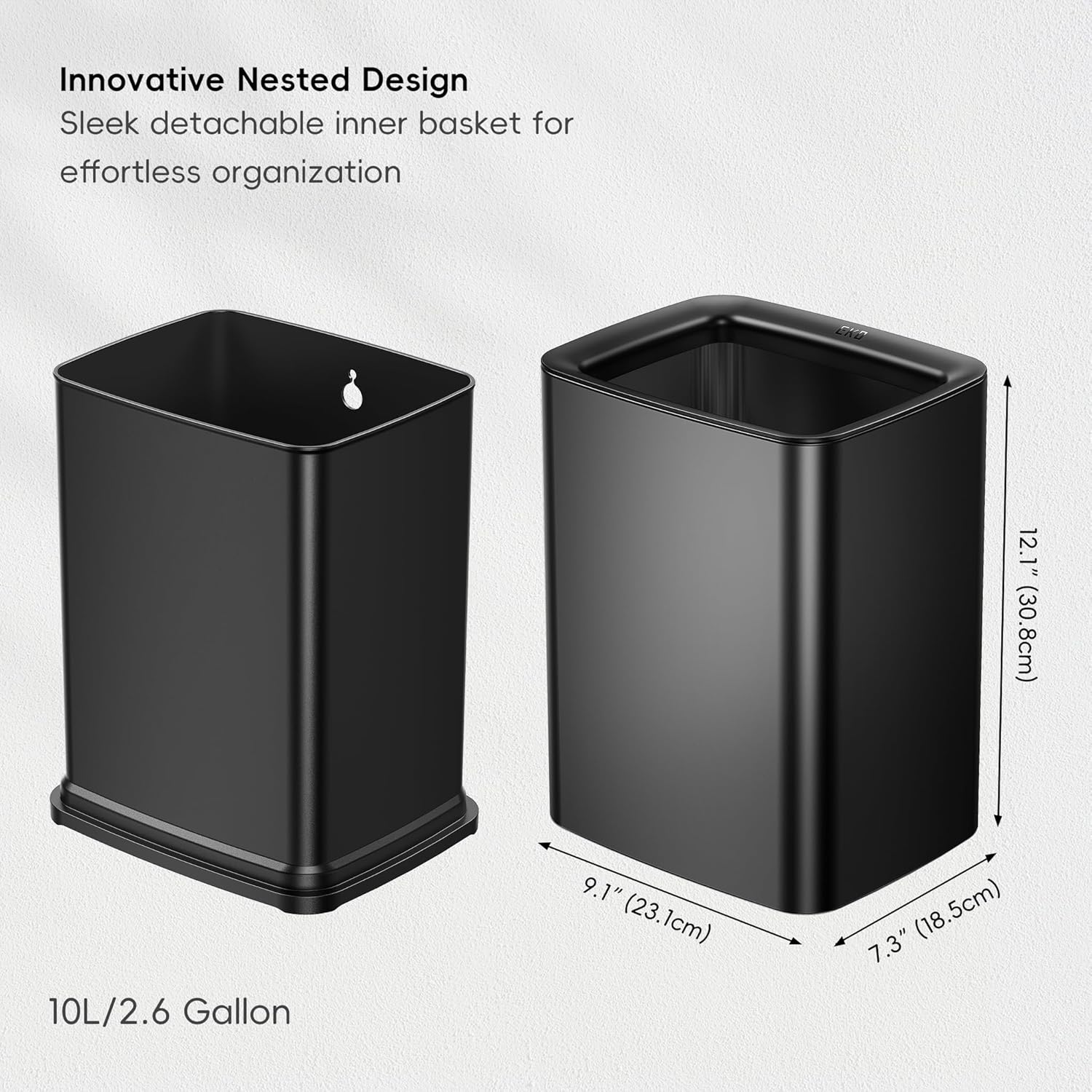 EKO Laguna 2.6 Gallon/10L Matte Black Stainless Steel Open Top Trash Can with Removable Inner Basket - Modern Bathroom & Office Waste Bin