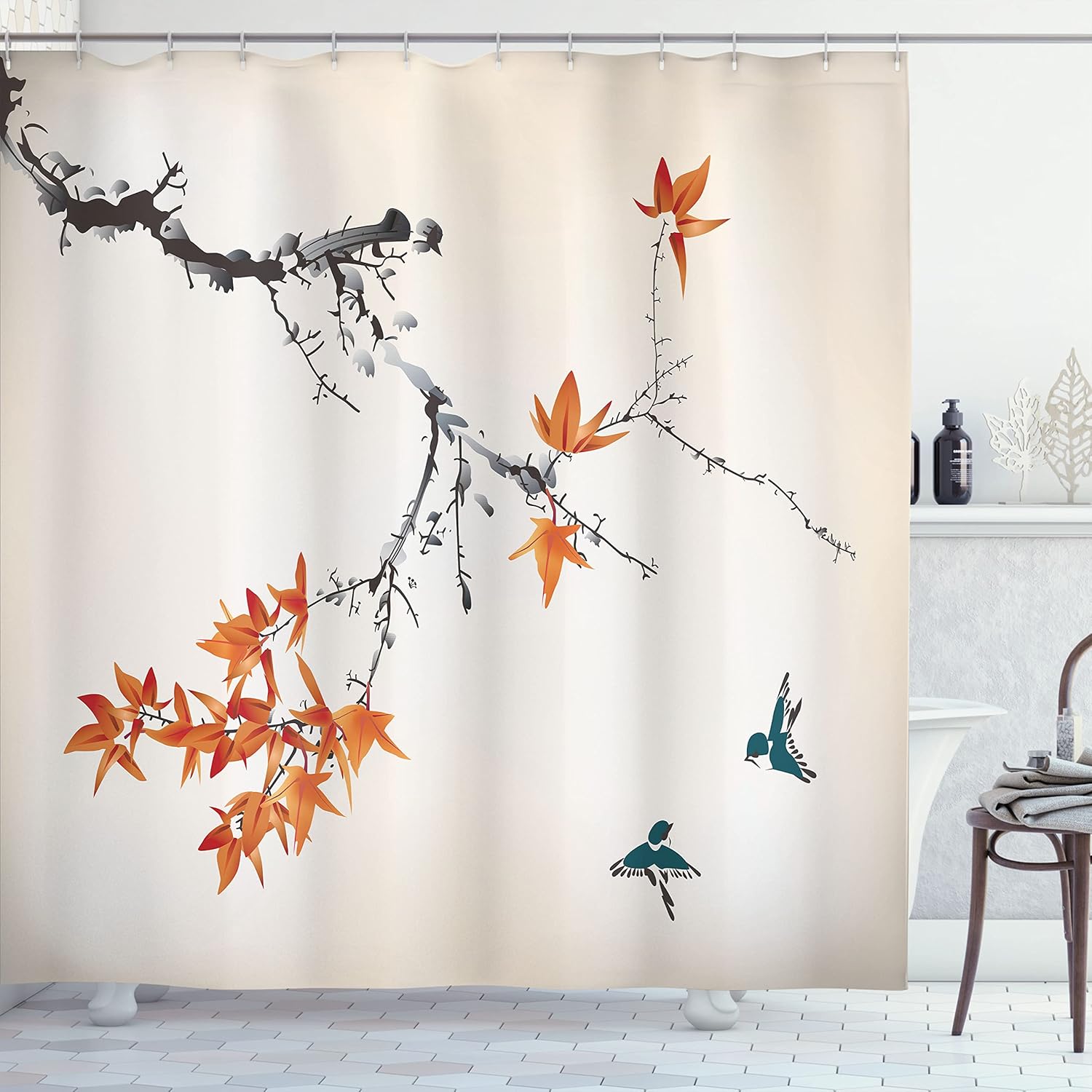 Ambesonne Japanese Shower Curtain, Cherry Blossom Sakura Tree Branches Romantic Spring Themed Watercolor Picture, Cloth Fabric Bathroom Decor Set with Hooks, 69" W x 75" L, Dark Peach