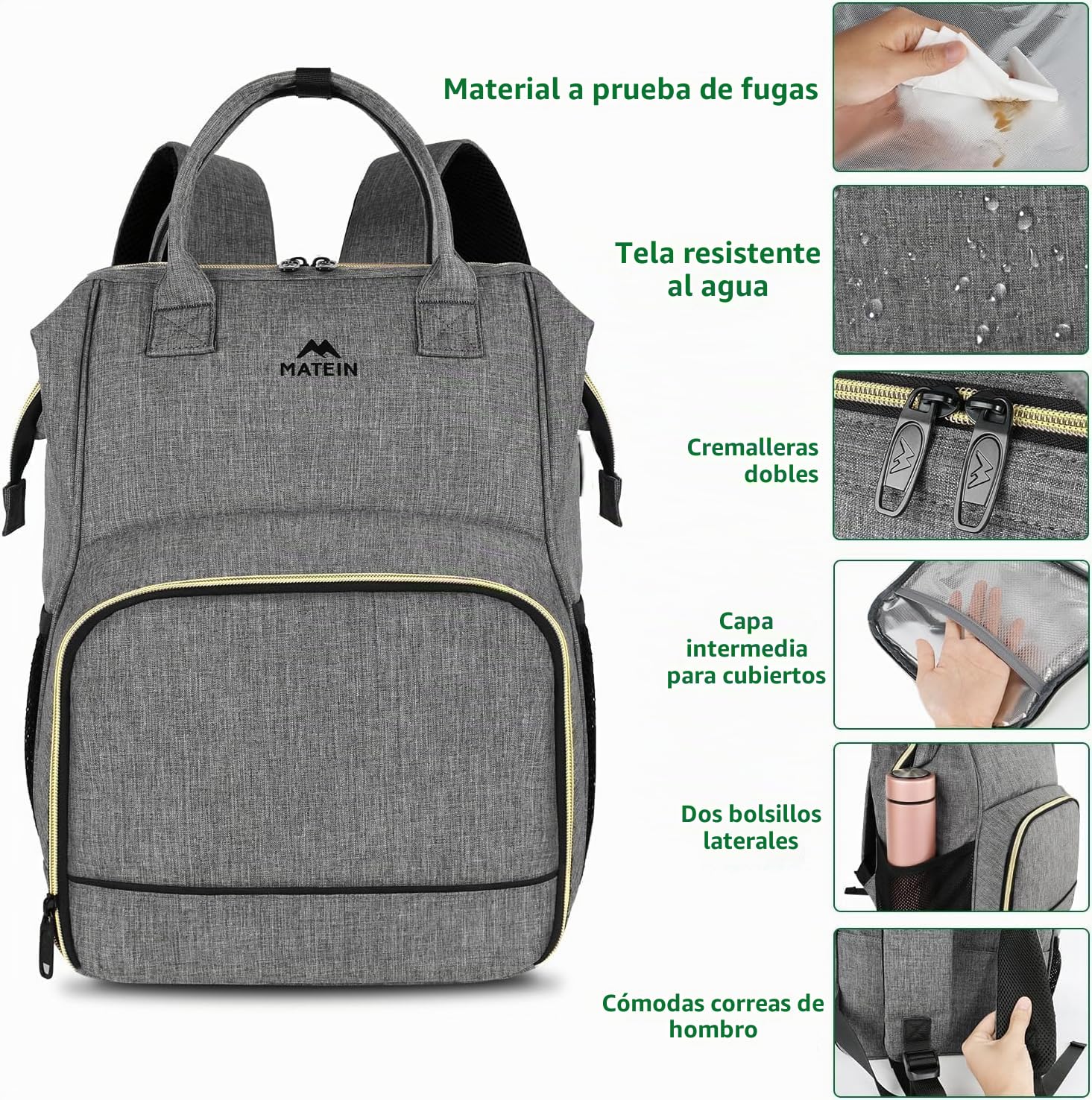 MATEIN Mochila de Almuerzo Portatil de 15,6 Pulgadas, Mochila Trabajo Mujer con Compartimento Térmico, Mochilas Portatil Mujer Hombre Impermeable para Oficina, Viaje, Universidad y Escuela, Gris