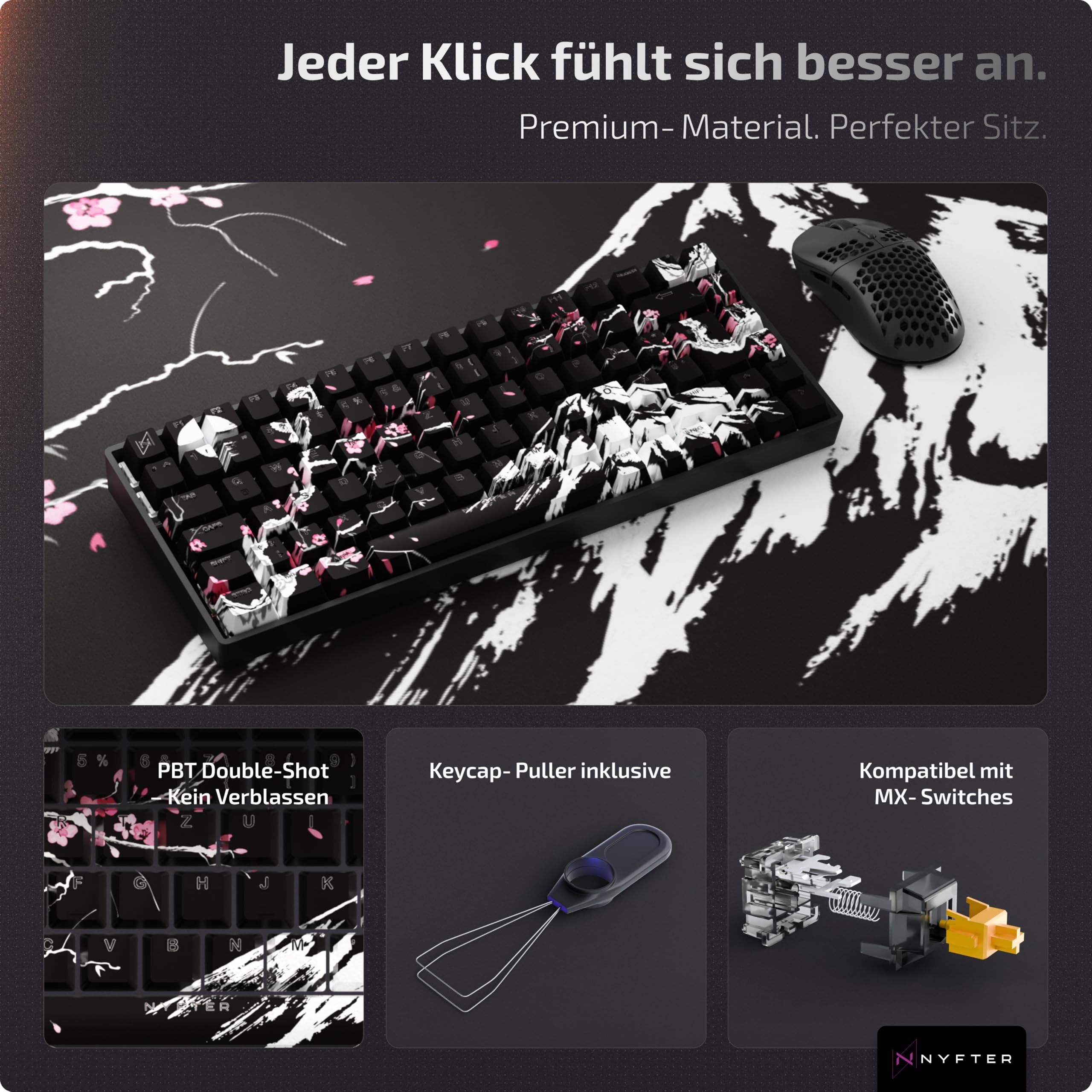 NYFTER - Premium Sakura Keycaps ISO 60% und 75% Custom Keycabs ISO Layout für Mechanische Tastaturen (Black Sakura, 75%)
