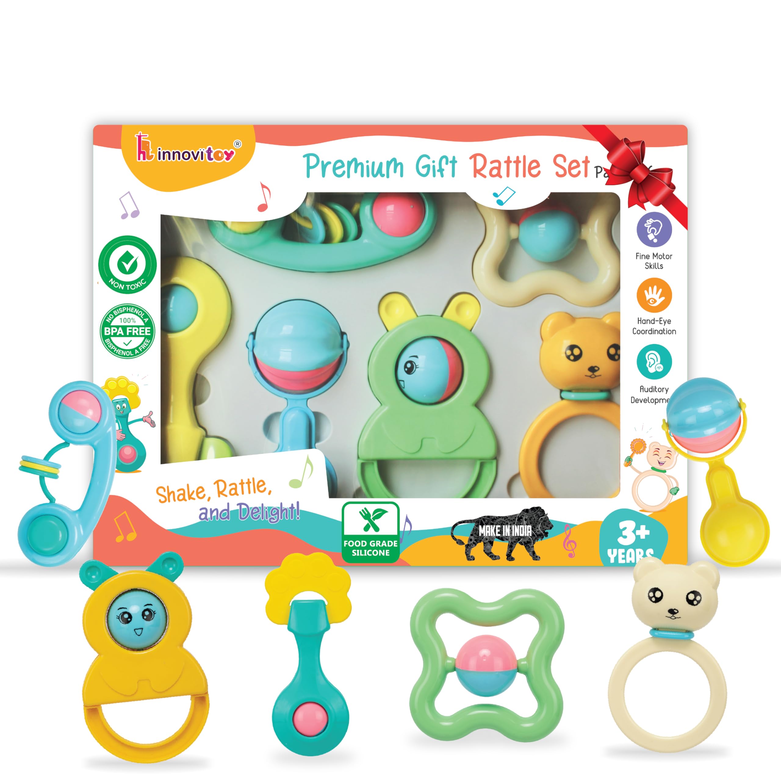6 Pcs Baby Rattle Gift Set & Teether Set | Safe, Non-Toxic Toys for Newborns 3+Months | Colorful Soft Sound Rattles | Ideal for Baby Gift