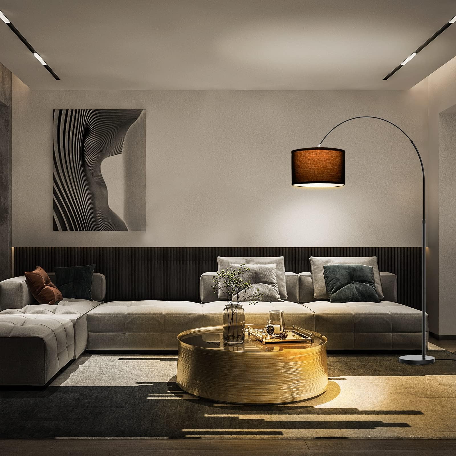 Modlicht Lampadaire Arc JASMIN | Lampe Sur Pied Classique | Ampoule LED E27 9W 3000K incluse | 33cm Abat-jour Noir | Interrupteur au pied | Lampe Arc adaptée pour Chambre, Bureau, Hôtel