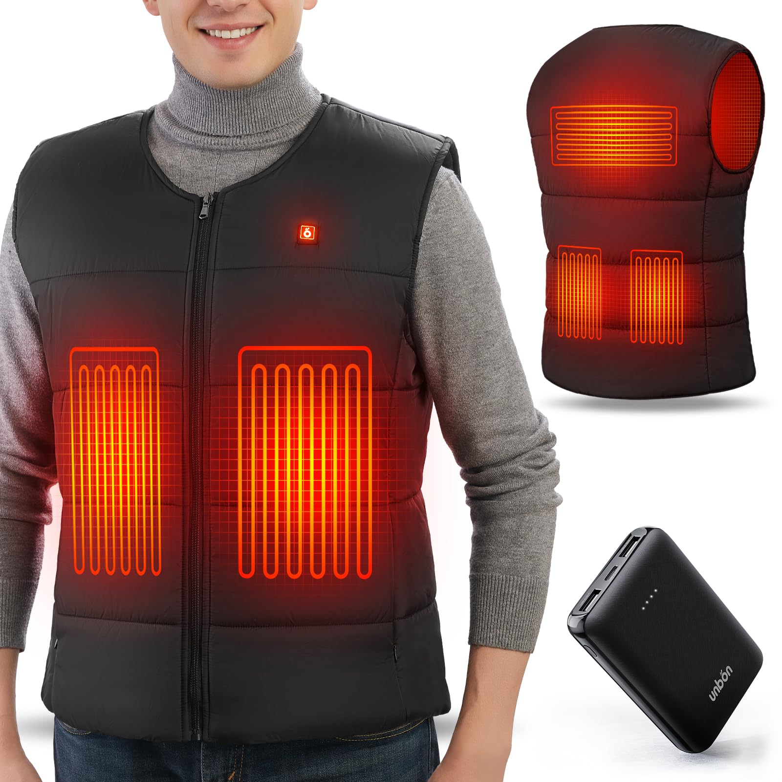 UNBON Gilet Chauffant Homme Femme avec Batterie Incluse 10000mAh, Gilet Chauffant USB Électrique Col V, Veste sans Manche Chauffante avec 3 Chaleurs 5 Zones Chauffage pour Moto Chasse Travail Noir L