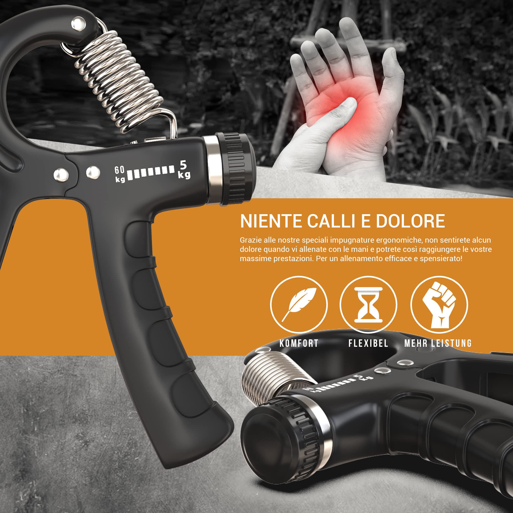 ALPHASKIN© Allenatore della Mano | Hand Grip | Allenatore della Forza della Presa | Set da 2 o Set da 5 | Attrezzi Palestra | Attrezzi Palestra casa