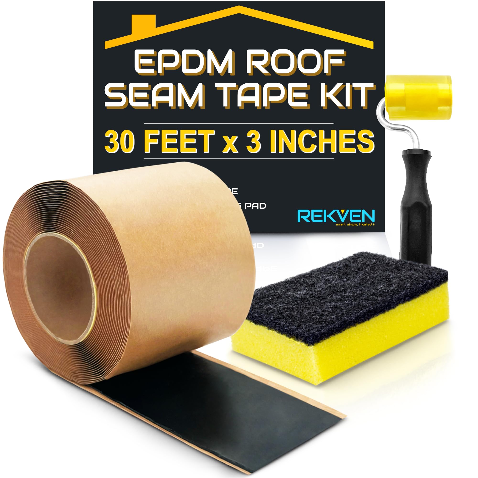 EPDM Rubber Roofing Seam Tape Kit - 30 Feet x 3 Inch - Double Sided Butyl Tape – Black Self Adhesive for Liner Bonding Sealing Repairs – Works with