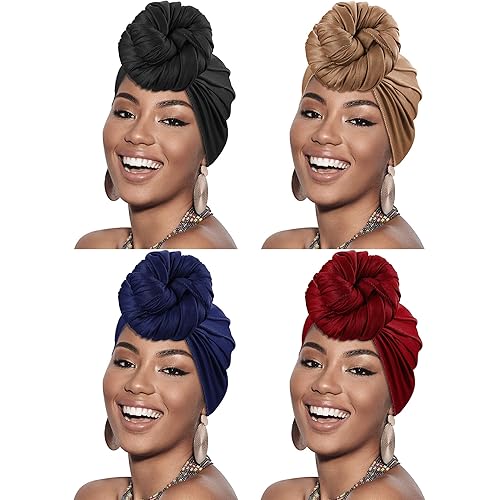 4 Pieces Head Scarf Turban Long Hair Head Wrap Scarf Soft Stretch Headwrap Headband Solid Color Turban Tie (Black, Khaki, Blue, Red)