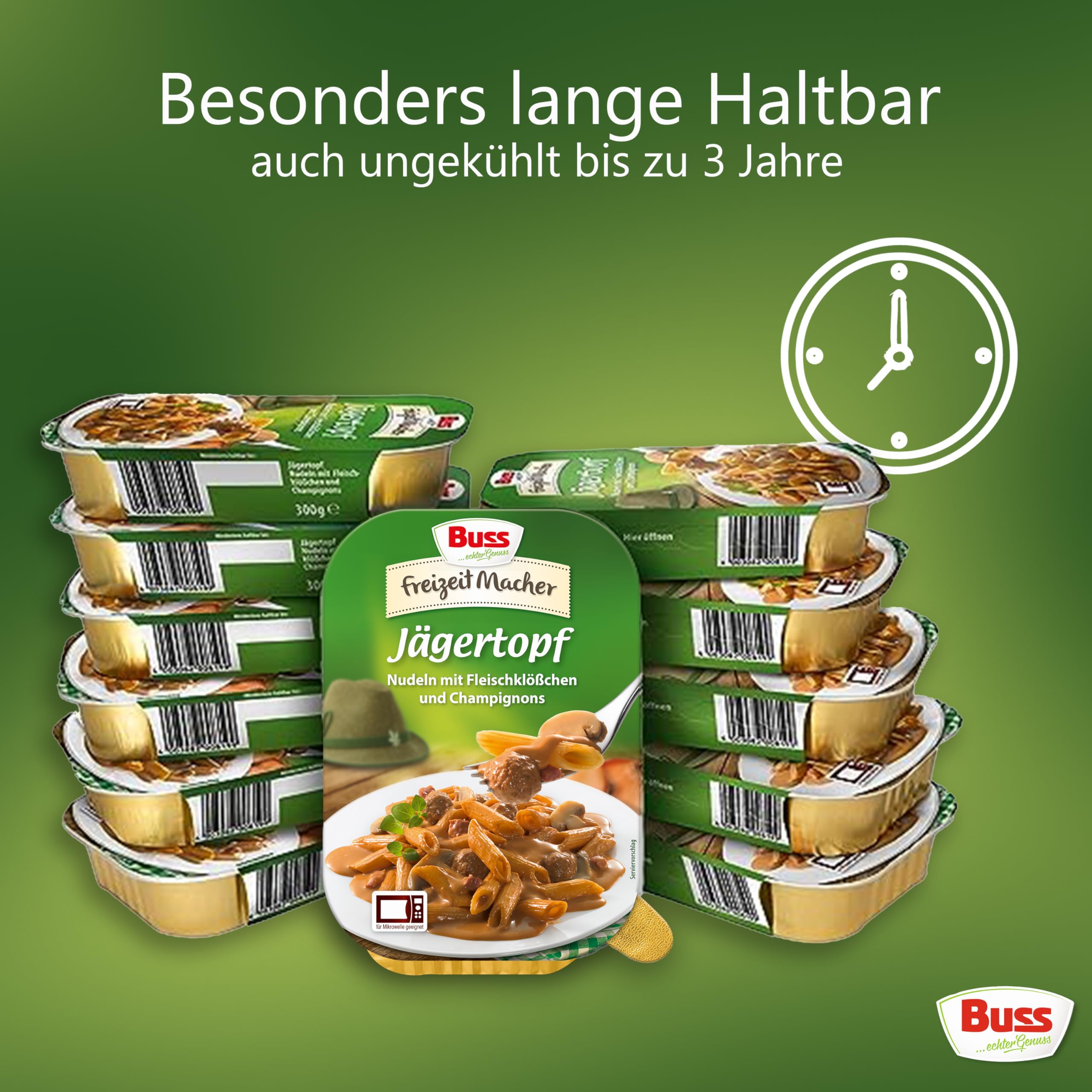 Buss Freizeitmacher Deftiger Jägertopf, 12 x 300g | Mit Nudeln, Fleischklößchen & Champignons - Fertiggerichte zum Aufwärmen in Mikrowelle & Topf - Schnell & Einfach Zubereitet