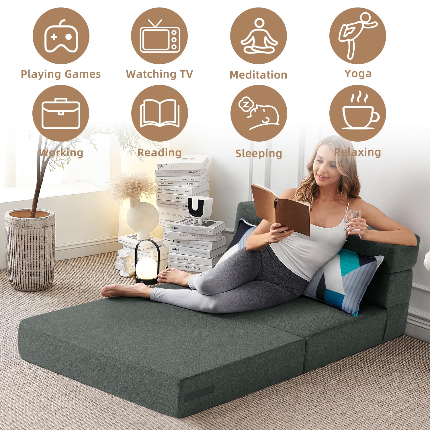 FILUXE Convertible Folding Sofa Bed - Sleeper Chair with Pillow, Modern Linen Fabric Floor & Futon Couch, Foldable Mattress for Living Room/Dorm/Guest Use/Home Office/Apartment, Queen Size, Dark Gray: FILUXE Convertible Folding Sofa Bed-Sleeper Chair with Color Pillow, Modern Linen Fabric Floor Futon Couch, Foldable Mattress for Living Room/Dorm/Guest Use/Home Office/Apartment, Standard