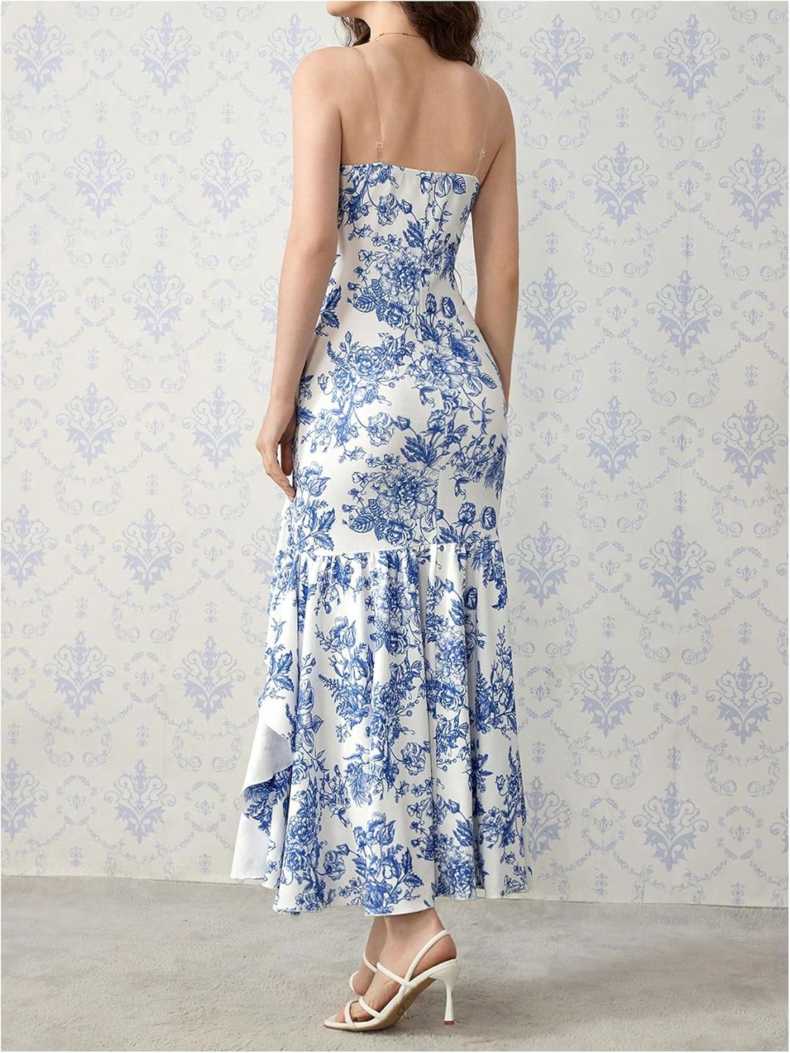 Floerns Women's Floral Strapless Tube Dress Asymmetrical Ruffle Hem Bodycon Long Dresses - Image 3