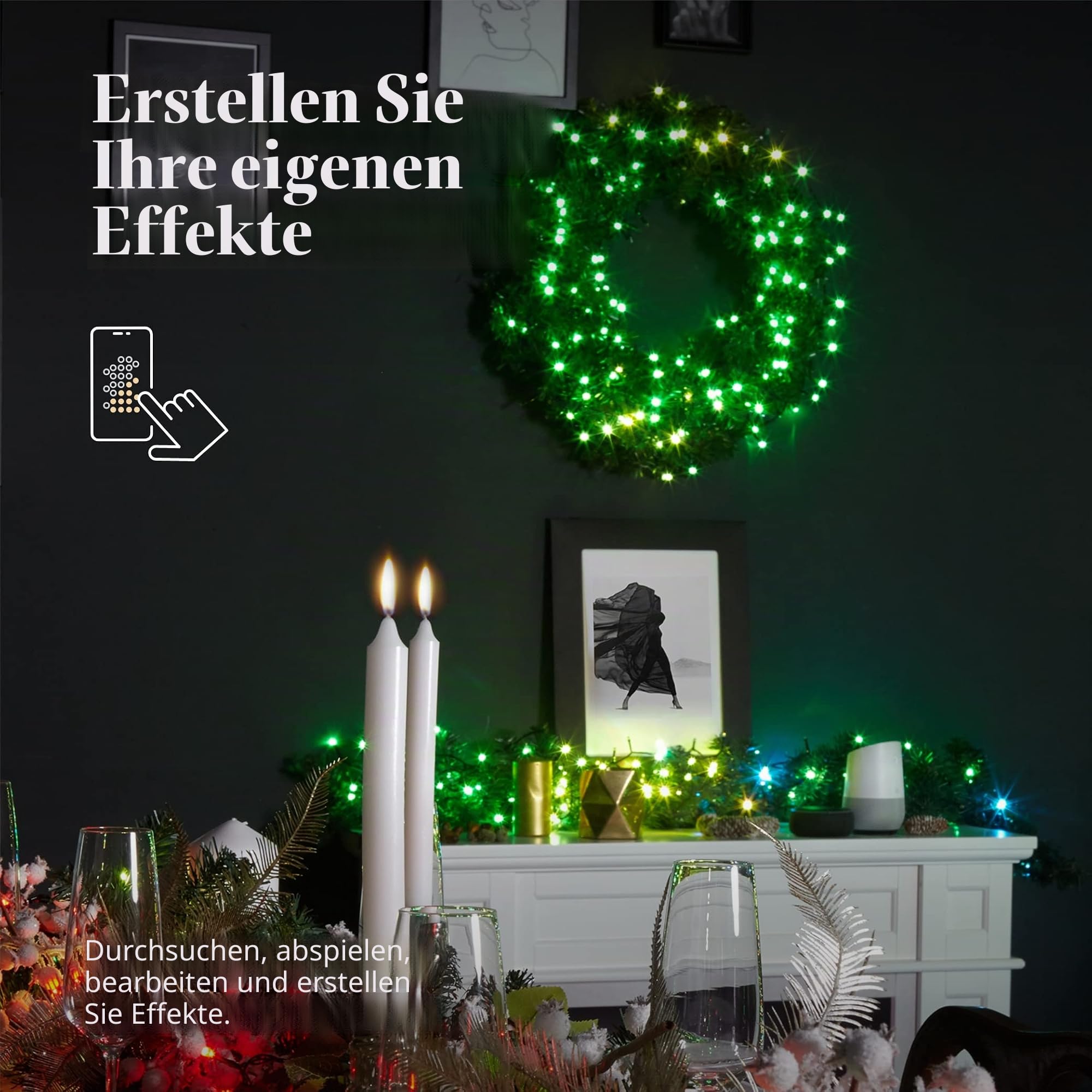 Twinkly Türkranz, vorbeleuchtet, per App gesteuert, mit 50 RGB- und weißen LEDs, grünes Kabel – Sonderedition – Innendekoration für Weihnachten – Generation II