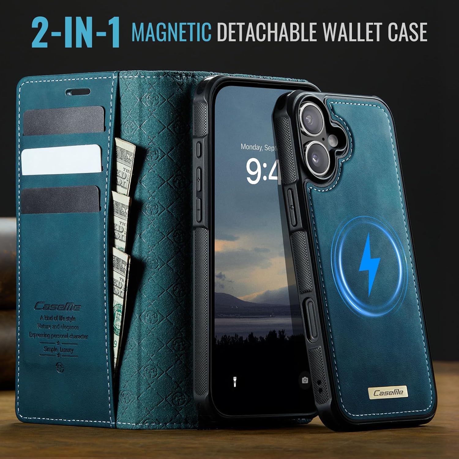 Kowauri Case for iPhone 17, PU Leather Wallet Flip Case with Card Holder RFID Blocking, Magnetic Detachable Shockproof Phone Cover Wireless Charging Compatible for iPhone 17 (6.3 inch), Teal - Image 9