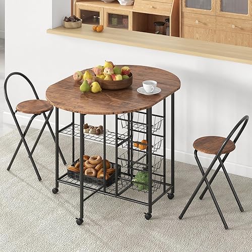 Giantex 3PCS Bar Table Set, Counter Height Dining Table & 2 Foldable Stools, Drop Leaf Folding Table with Storage & 6 Wheels, Industrial Space Saving Set for Kitchen Dining Room