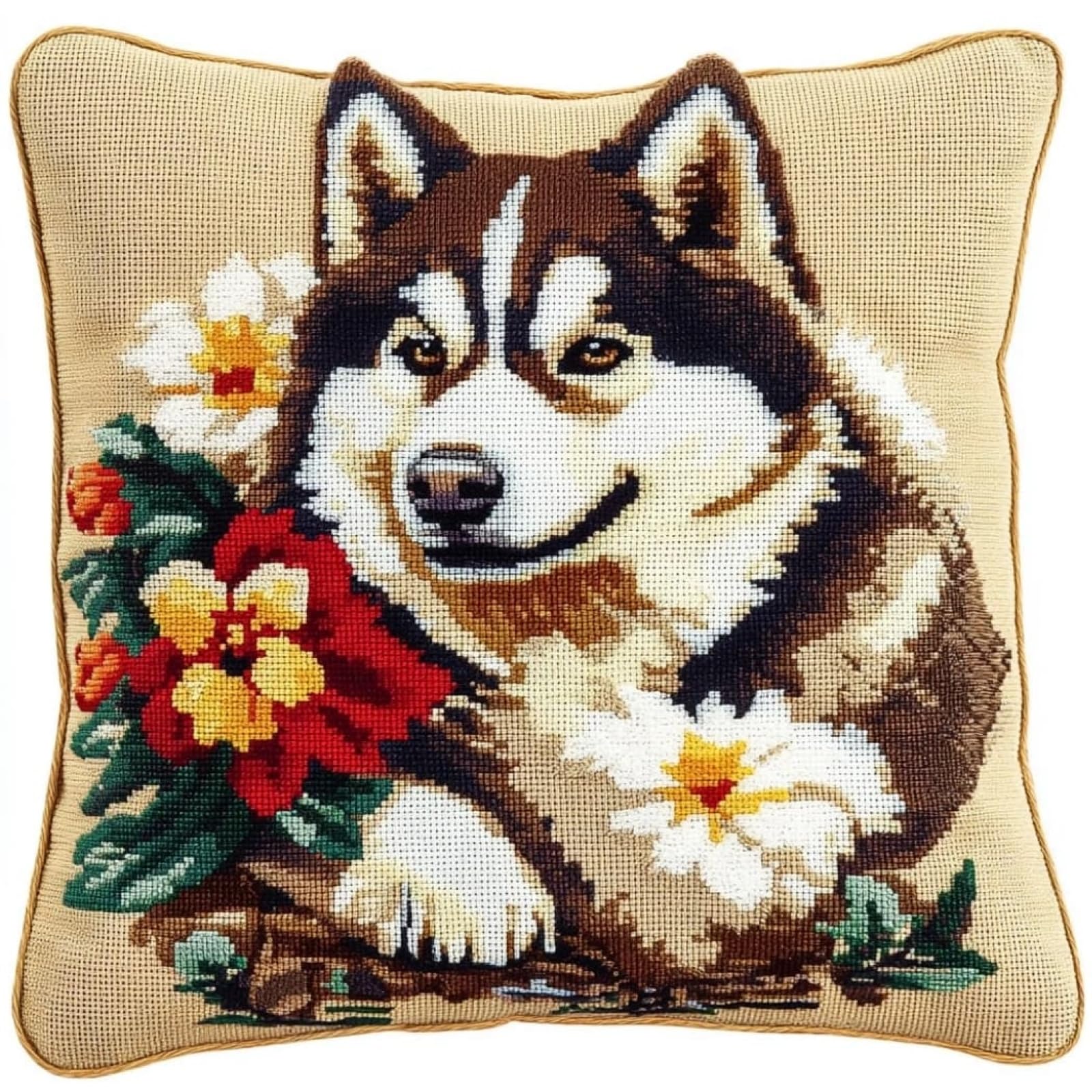 WallustrioaW Cross Stitch Cushion Kit for Adult Beginner,Husky and Flower DIY Cushion Embroidery Kit 18x18in 11CT Cross Stitch Pillow Sewing Art Home Decoration