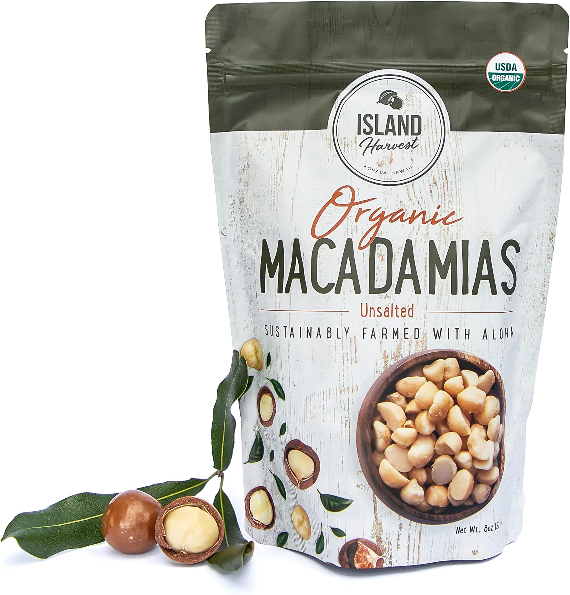 Island Harvest Unsalted Organic Macadamia Nuts - 100% Hawaiian Unsalted Macadamia Nuts are Keto Friendly, All-Natural and Non-GMO, Dry Roasted Nuts High In Fiber; 8 Ounce (Pack of 1)