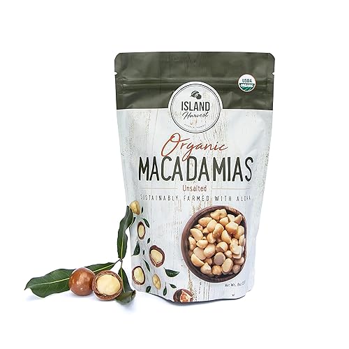 Island Harvest Nueces de macadamia orgánicas sin sal, 100% nueces de macadamia sin sal son aptas para keto, totalmente naturales y sin OMG, nueces