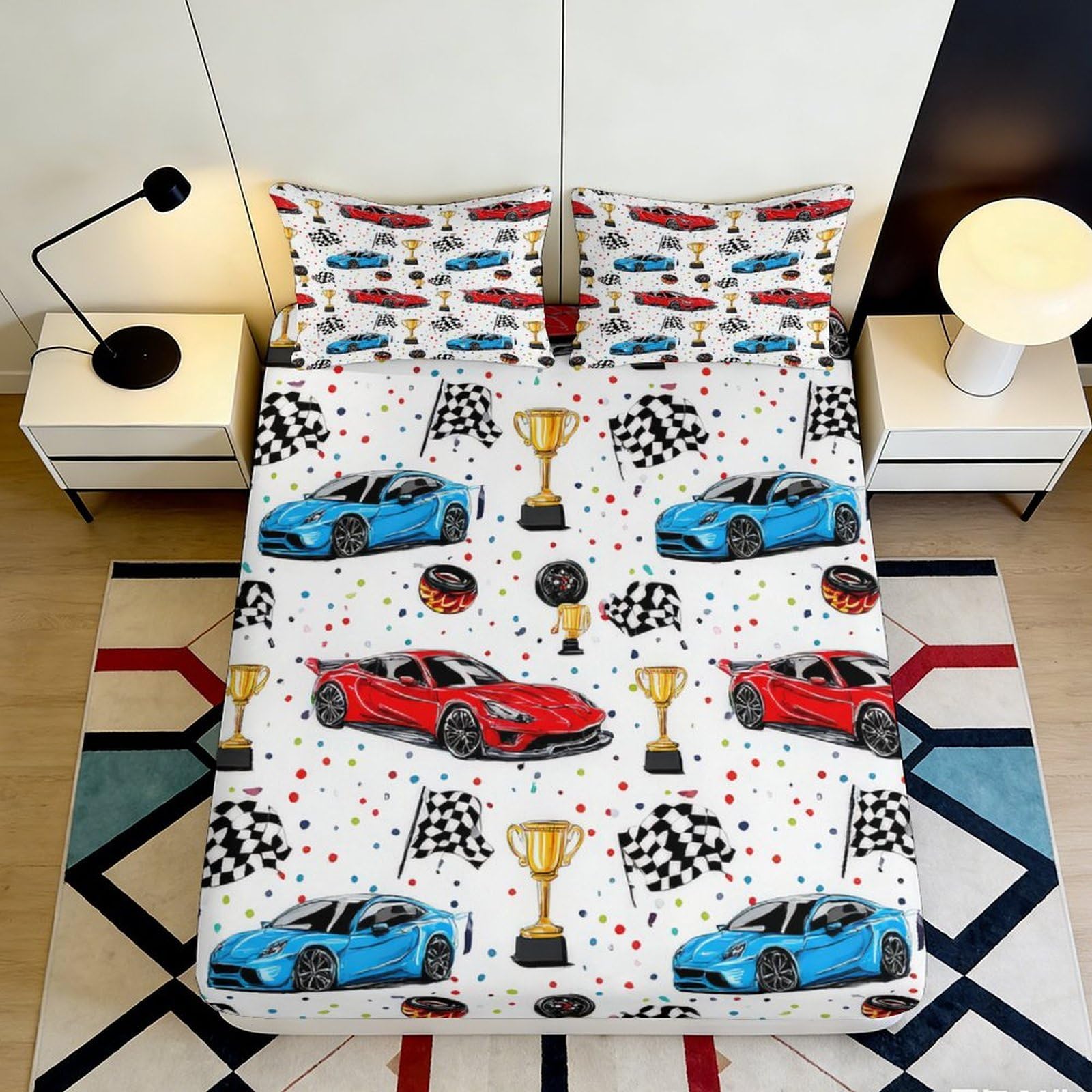 Uxinyoume Style-7 3D Printed Racing Car Fitted Sheet Microfiber Soft Trophy Bed Cover For Bedroom Dorm Mattress Protection Decor 90X200x25cm