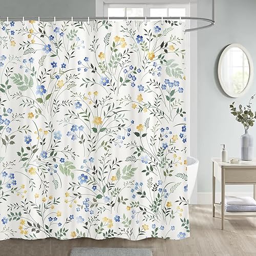 JAWO Cortina de ducha de primavera, cortinas de ducha de hojas de eucalipto verde salvia, juego de accesorios de baño de flores florales de