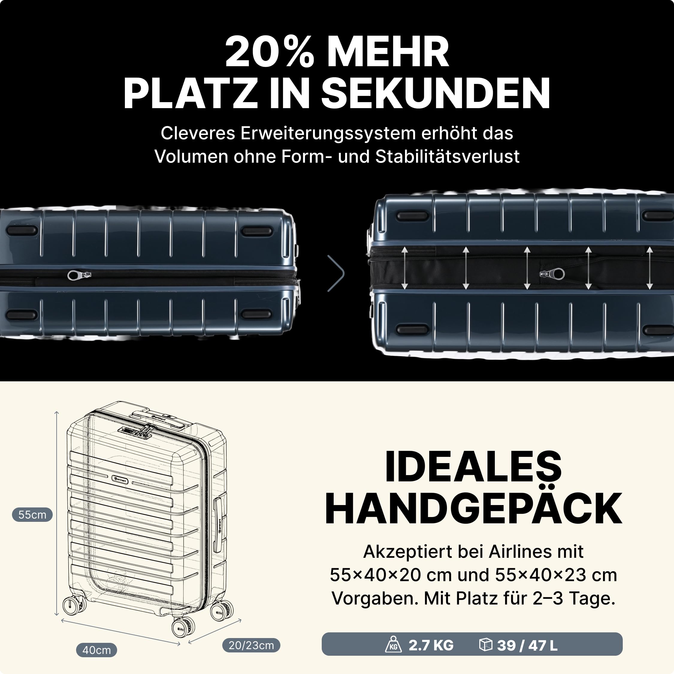 Eminent Voyager Handgepäck Koffer 55x40x20, Hartschalenkoffer leicht | 2,7 kg ultraleicht, 39L, erweiterbar 55x40x20 auf 55x40x23, TSA Schloss, 4 Rollen, Kabinentrolley, Makrolon, Dunkelgrau