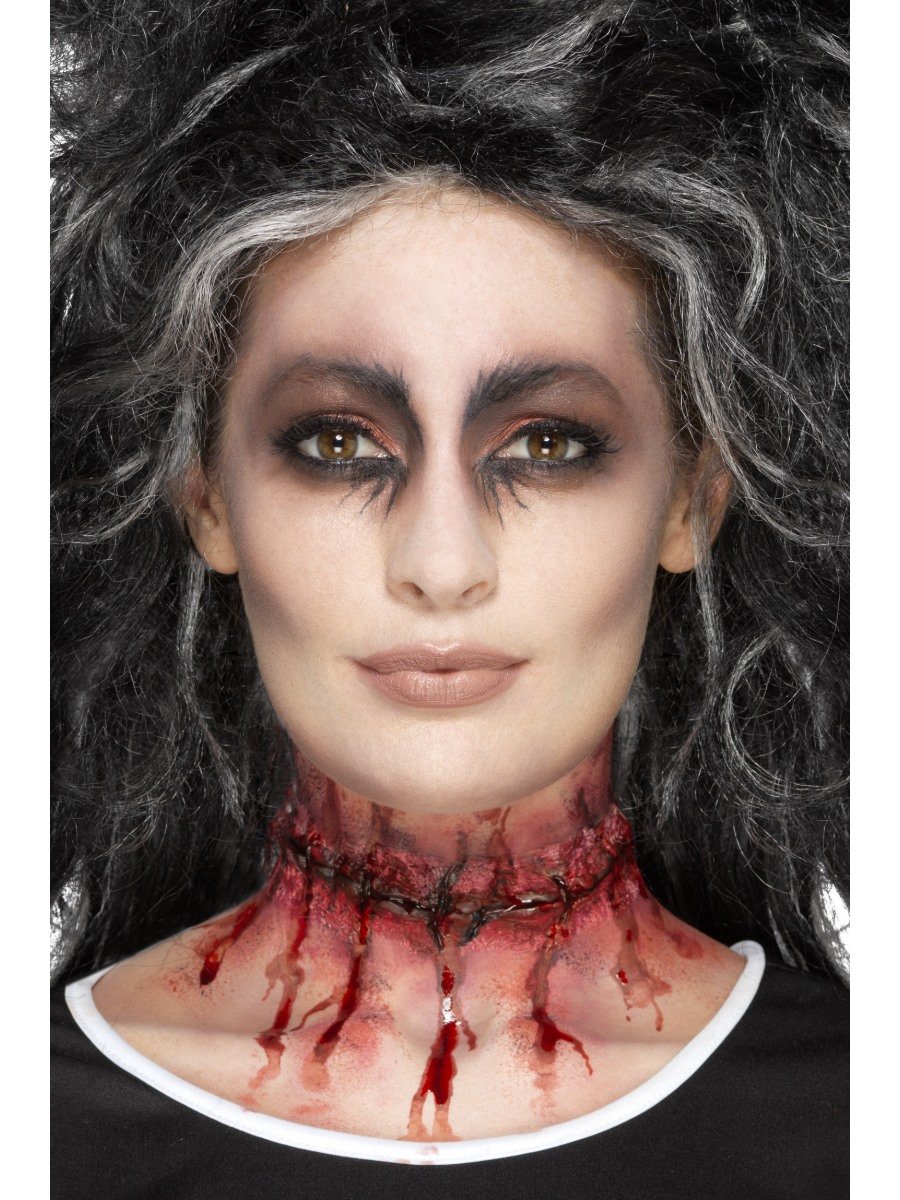 Smiffys Latex Stitched Neck Scar Prosthetic, Red Bloody Horror Wound with Adhesive, Halloween SFX Makeup Accessory, Realistic Latex Costume Injury for Zombie, Frankenstein & Scary Fancy Dress