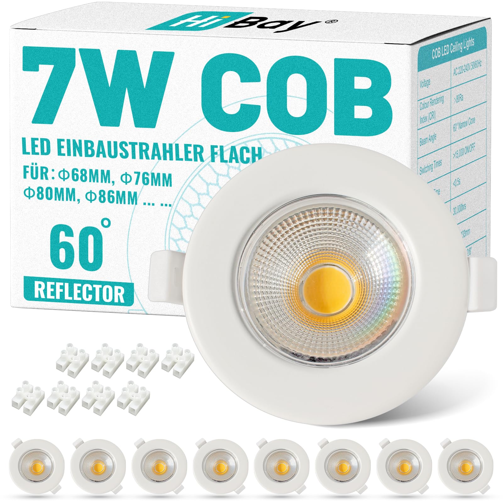 HiBay 8er Einbaustrahler LED COB Set 7W LED Spots 230V 65-85mm Lochmaß Rund Weiß Einbauspots 4000K Neutralweiß 600LM für Schlafzimmer Wohnzimmer Garderobe