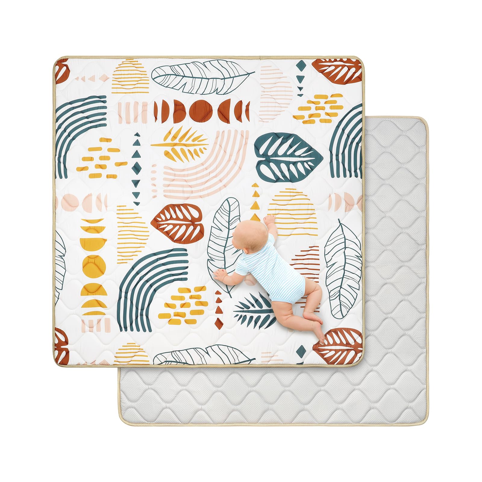 decalsweet Spielmatte Baby 127×127cm mit Rutschfest, Extra Dicke 2cm Weiche Krabbelmatte Baby, Faltbar Krabbeldecke für Baby Krabbelteppich für Kinderzimmer Indoor Outoor Zaun (Boho-Blatt)
