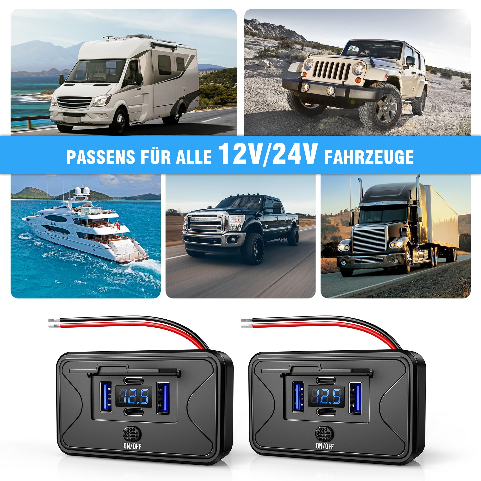 MICTUNING 2 unidades de enchufe USB de carga para coche, 12 V/24 V, Dual PD y Dual QC, cargador rápido USB para teléfono móvil, 78 W, resistente al agua, con interruptor de voltímetro LED, para coche