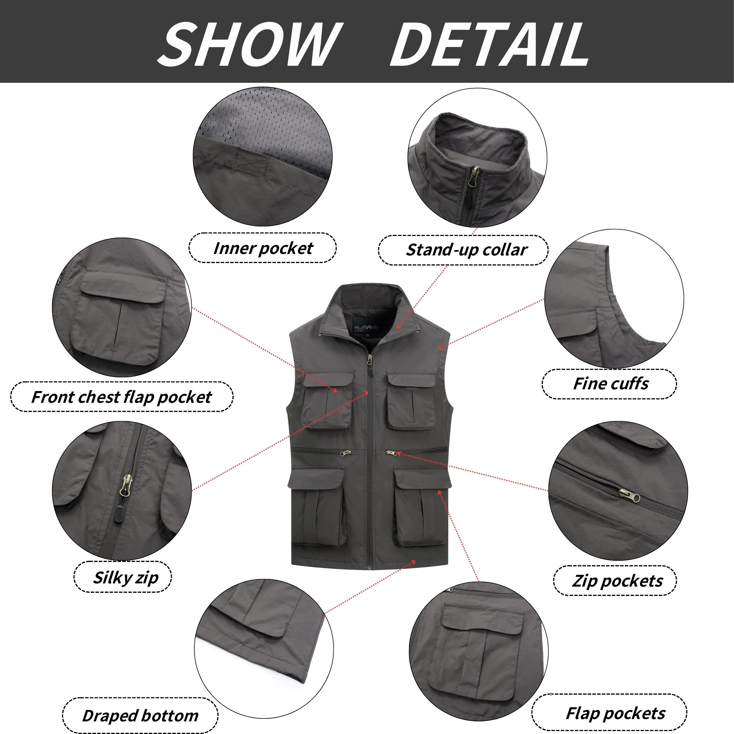 Hommes Gilet de Plein Air Multi-Poches Gilet Léger pêche Veste Respirant à Séchage Rapide Sport Gilet Sans Manches Loisirs Gilet Chasse Voyage Camping Photographie