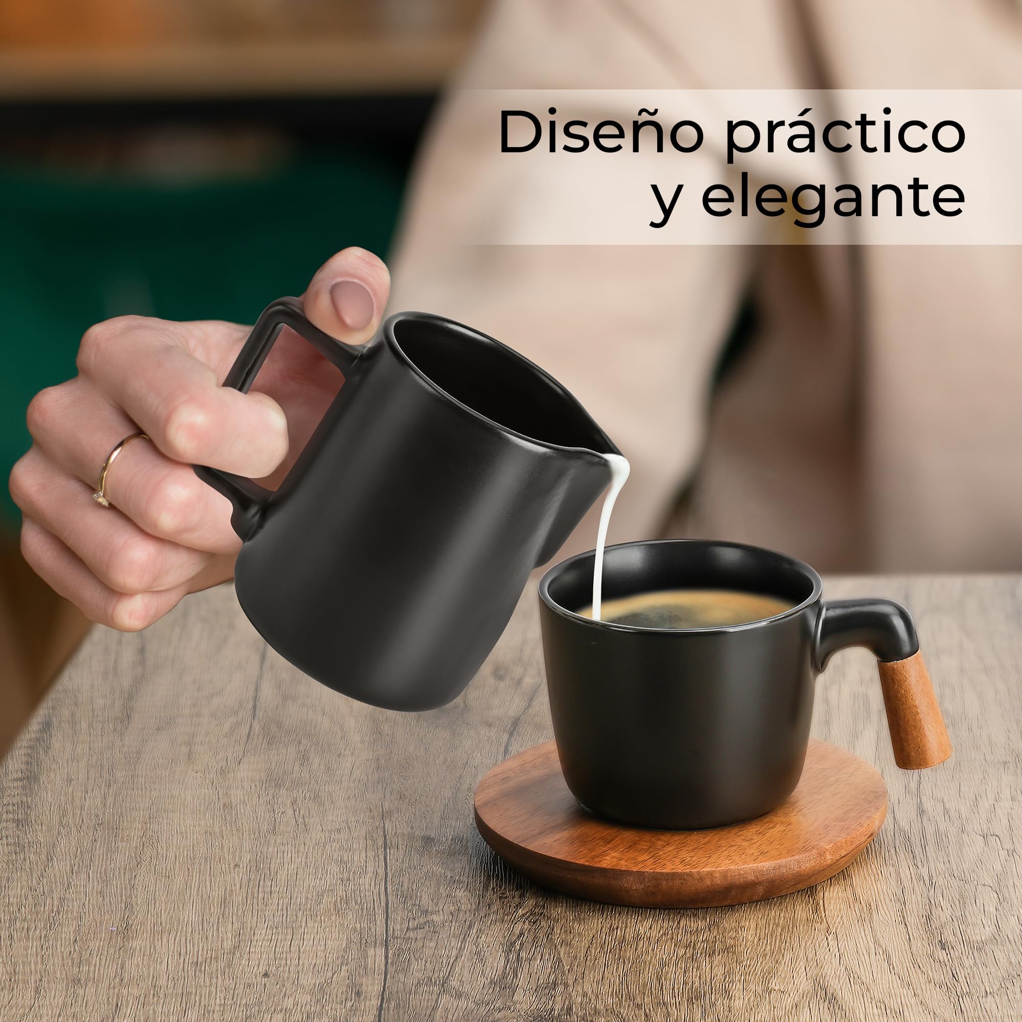 MIAMIO - Juego para servir crema y azúcar con tapa y cuchara/Accesorios de cerámica para el rincón del café - Apto para microondas y lavavajillas. (Negro)