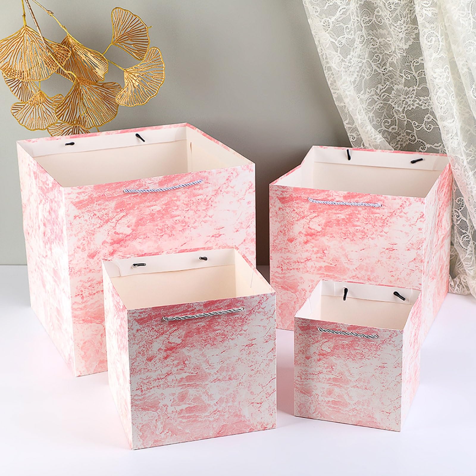 Paquete de 10 bolsas papel cuadradas mármol rosa premium, perfectas for regalos fiesta, cajas cumpleaños y compras elegantes(25 * 25 * 25cm)