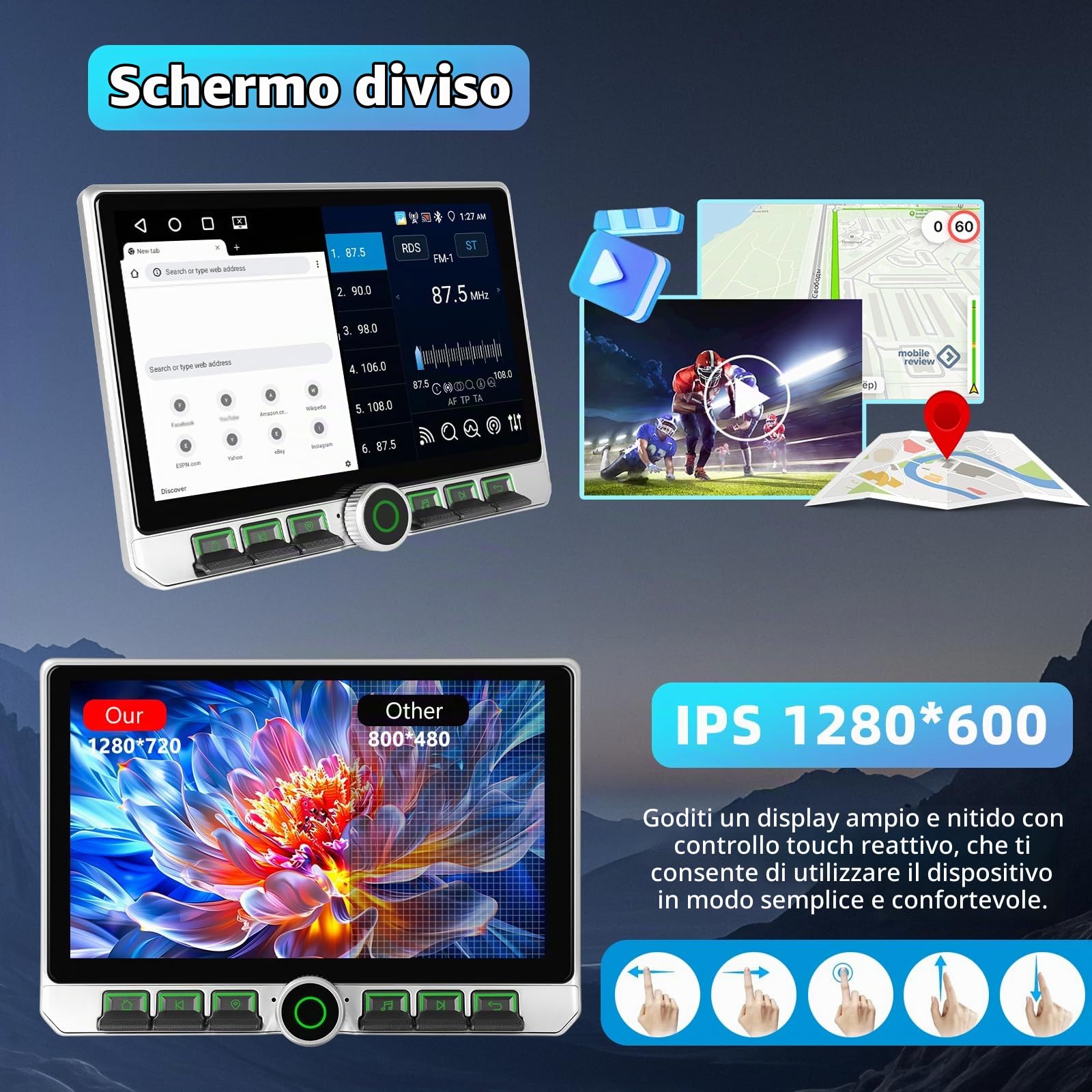 4G+64G CarPlay 2 Din Autoradio con Navigazione GPS, 10,1 Pollici Android Auto Doppia Din Car Stereo, Bluetooth, FM/RDS Radio, WiFi, Assistente Vocale, Schermo Diviso +Backup Telecamera