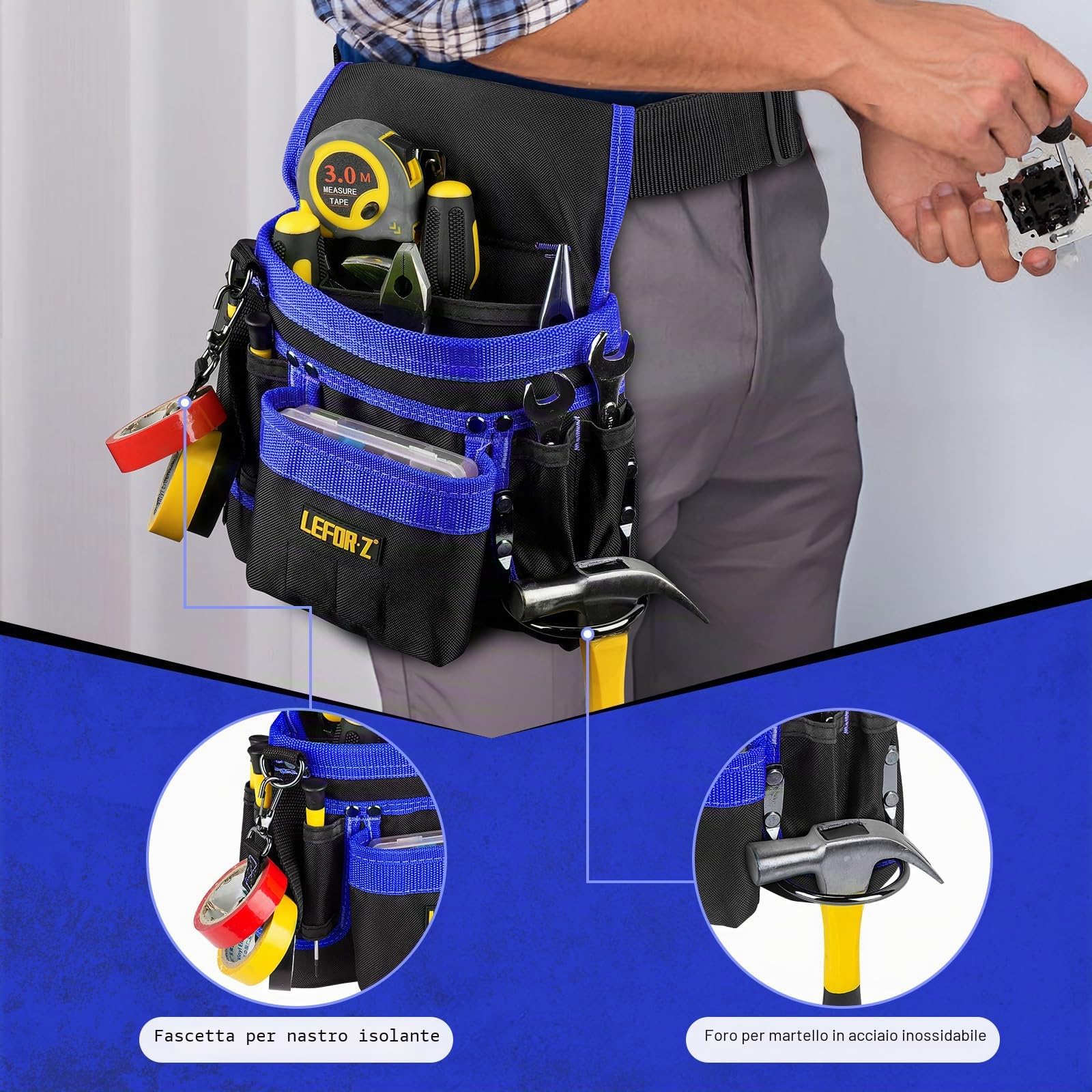 Cintura Porta Attrezzi,Magnetiche Cintura Attrezzi con 14 Tasche,Regolabili Staccabili Cintura Elettricista,Cintura Attrezzi Lavoro per Elettricista,Falegname,Edilizia,Nero-Blu