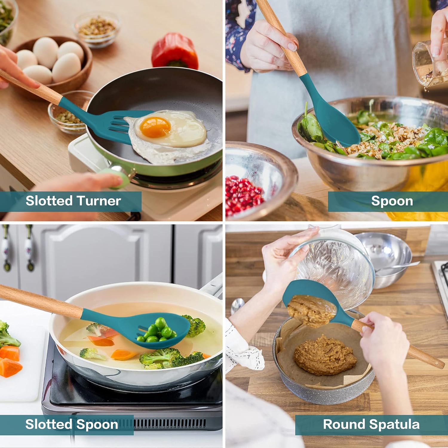 LIANYU 33-Piece Silicone Kitchen Cooking Utensils Set with Holder, Wooden Handle Heat Resistant Cookware Utensils Set, Non-Stick Kitchen Tools for Baking Cooking, Dark Blue: Home & Kitchen