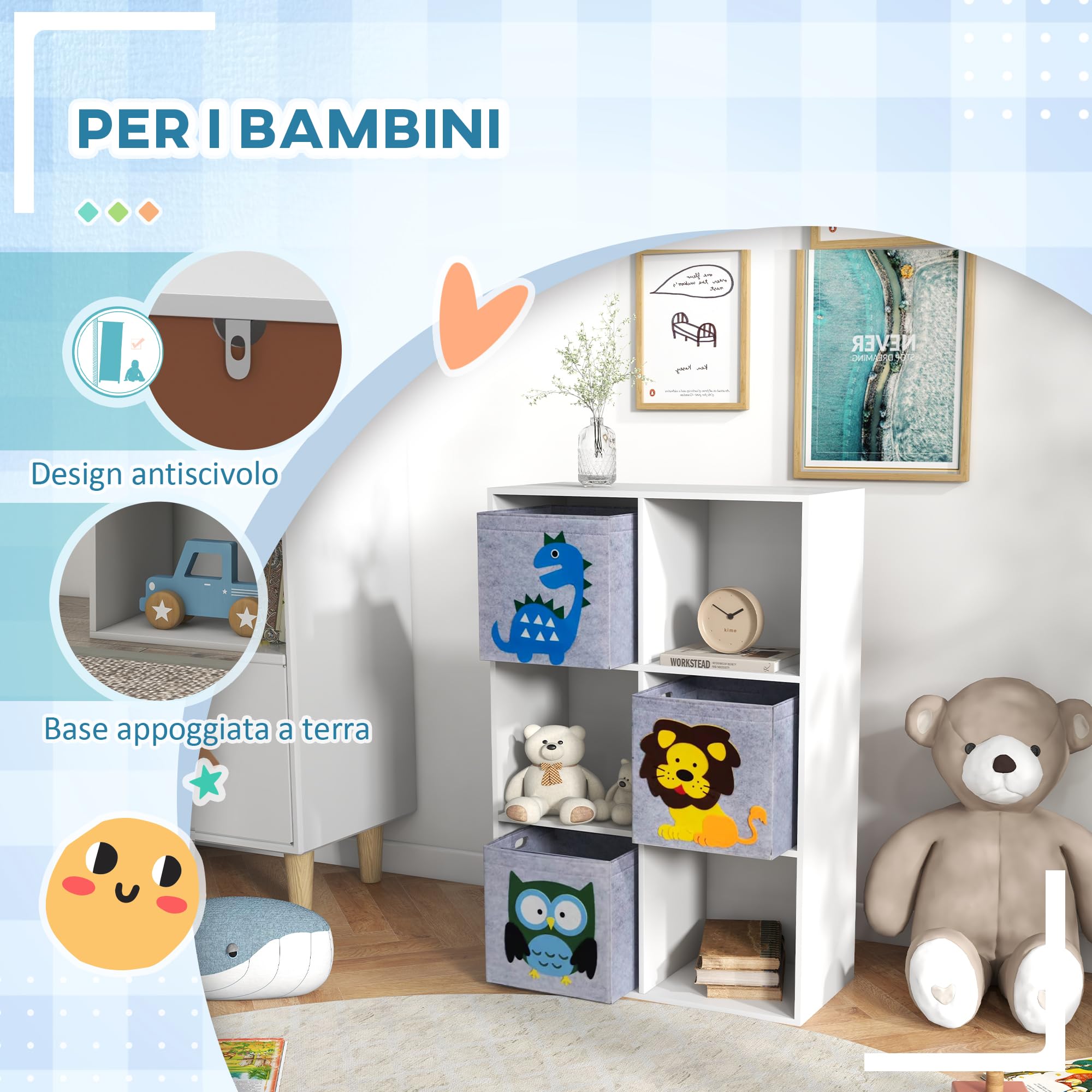 ZONEKIZ Scaffale Portagiochi per Bambini 3+ Anni a 6 Cubi in Tessuto non Tessuto, Mobiletto Portagiochi in MDF e Melamina, 61.8x29.9x91.5 cm, Grigio e Bianco