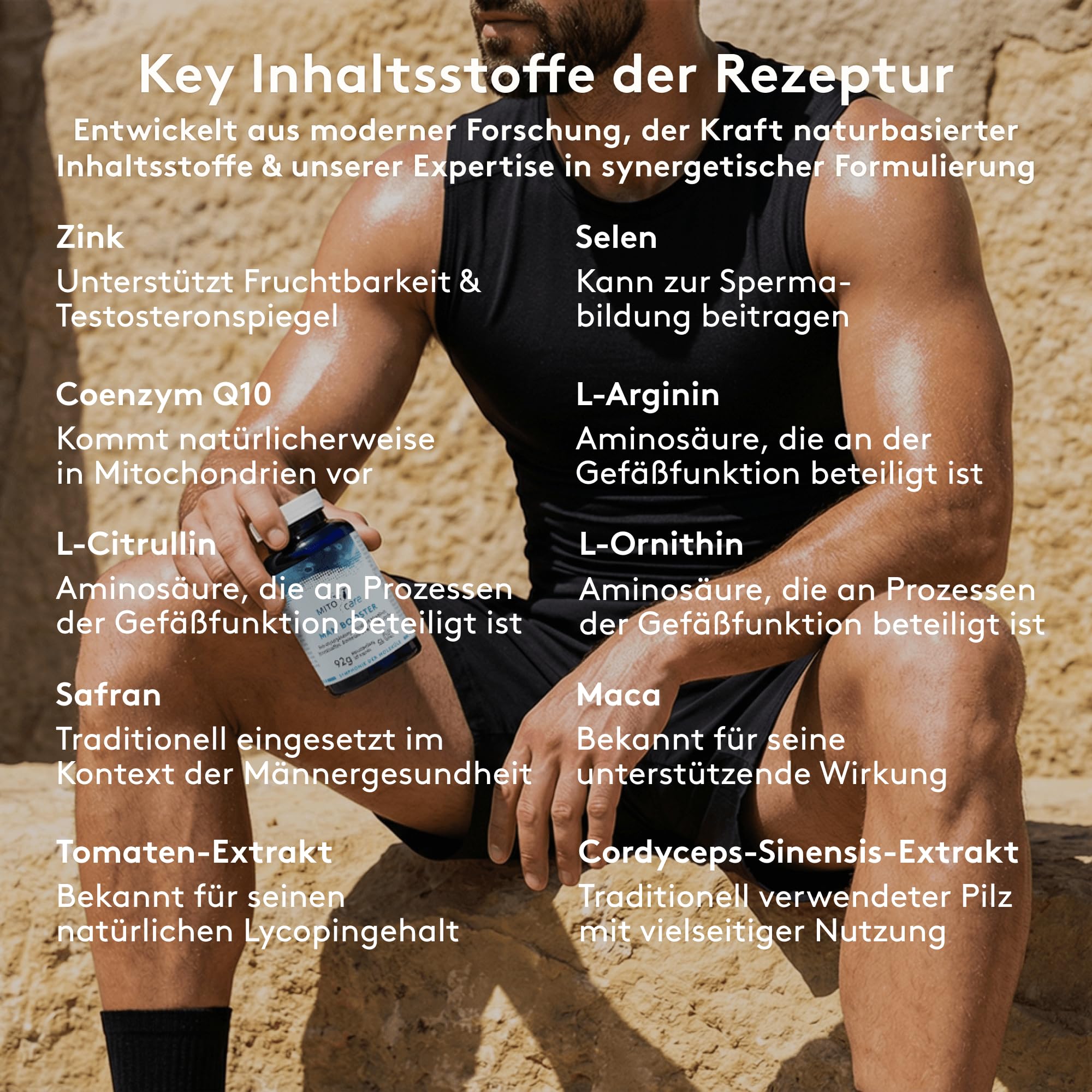 MITOcare Male Vitality Formula - Ganzheitlicher Männer-Komplex mit Zink, Selen, Magnesium, Arginin, Citrullin, Maca & Coenzym Q10 – Testosteron, Energie – 120 Kapseln