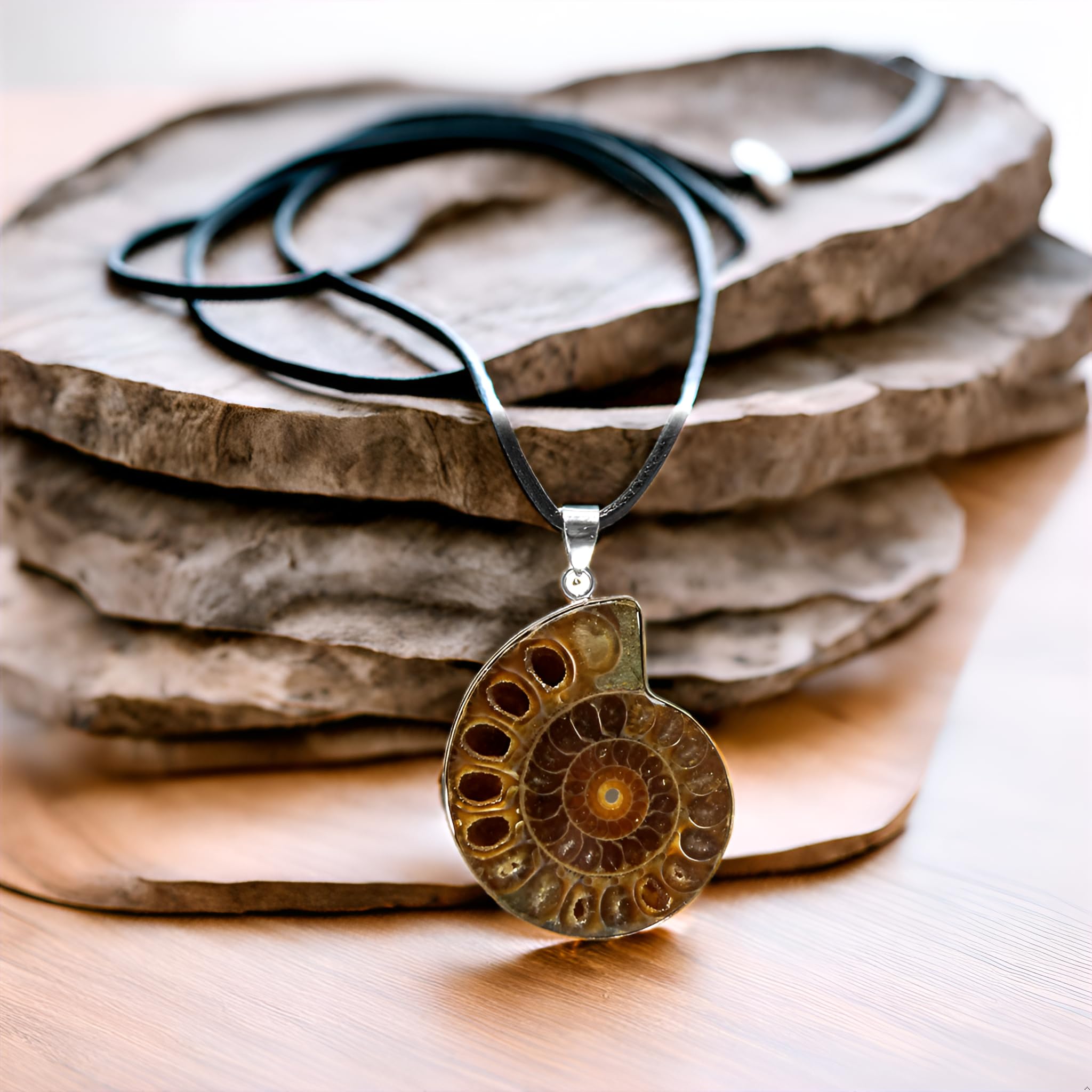 Regali Kaltner in pelle collana per uomo e donna con ciondolo in ammonite