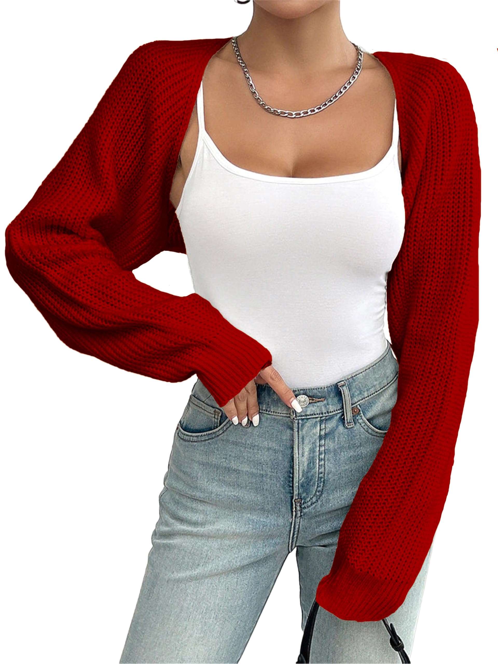 Womens Bolero Shrug Sweater Rib Knitted Long Sleeve Open Front Cropped Cardigan Y2K Tops