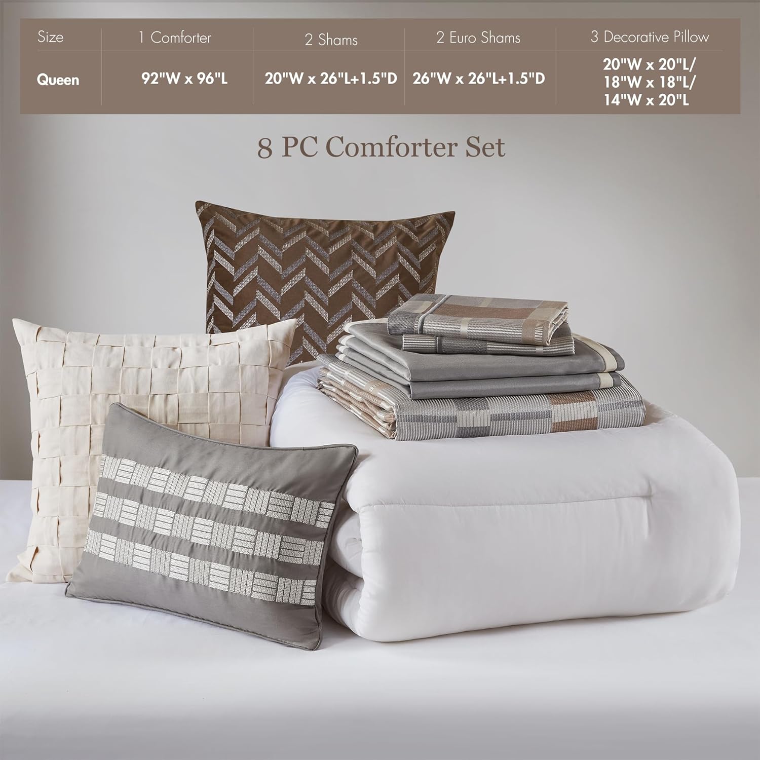 Madison Park Queen Comforter Set Jacquard Geometric, Oversized Comforters Queen Size Bed, All Season Down Alternative Overfilled Queen Size Comforter, Prescott, Queen Taupe 8 Piece
