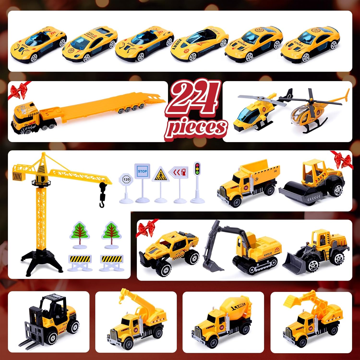 24-Day Christmas Advent Calendar for Kids, City Construction Vehicles Set with Excavators & Engineering Cars