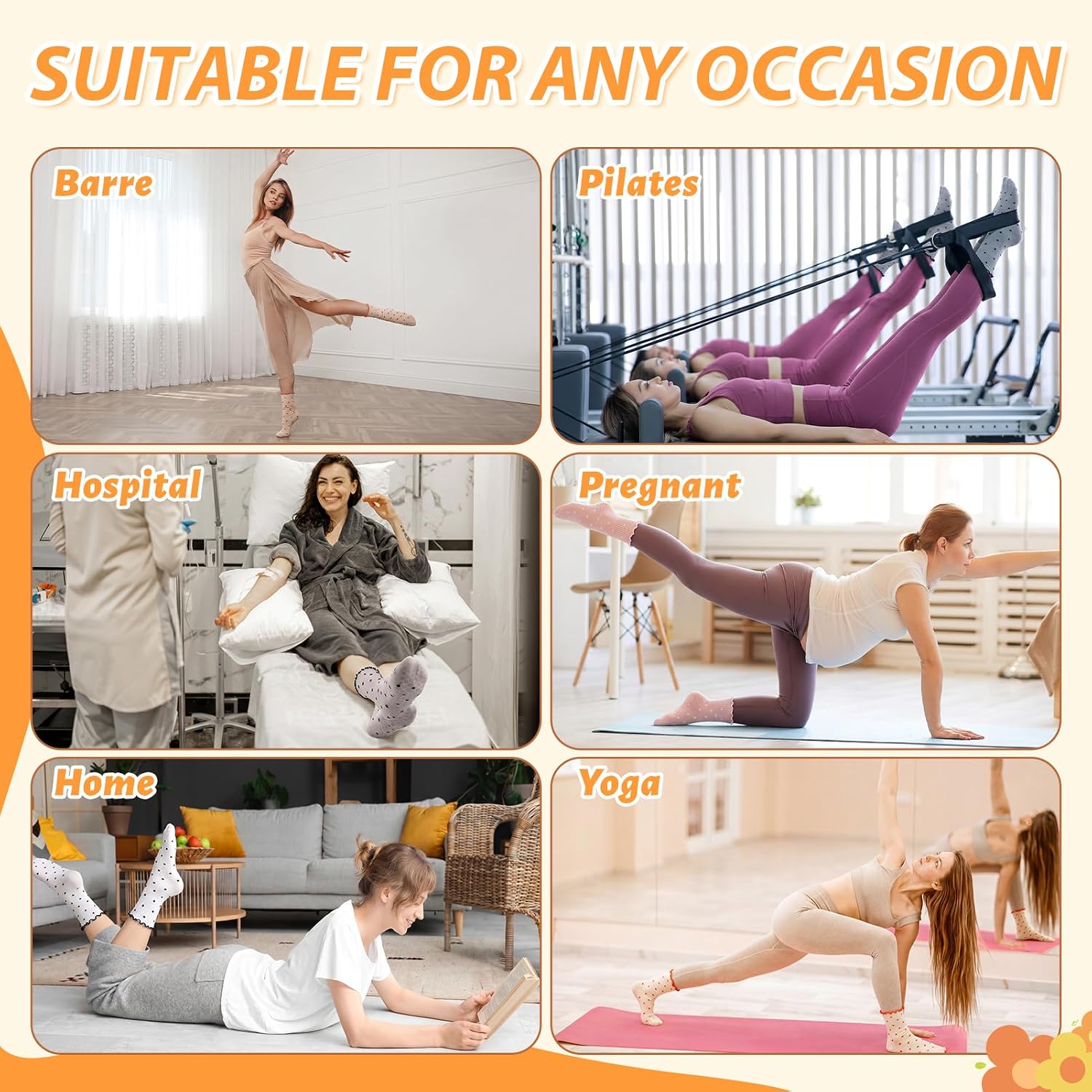 6 Pairs Women's Polka Dot Ruffle Pilates Socks Soft Non-Slip Barre Socks with Cute Lace Trim, Yoga Sock for Daily Wear Dance