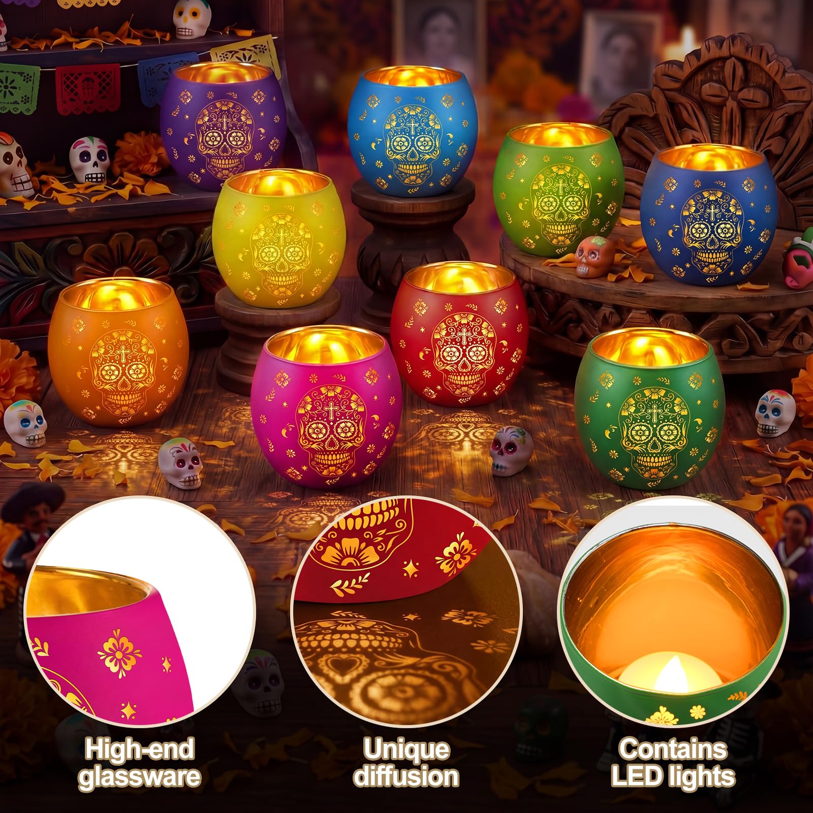 Meanplan Set di 9 portacandele votivi con LED Dia De Los Muertos messicano portacandele con teschio di zucchero e fiori incisi, centrotavola da tavolo per Halloween, carnevale, decorazione per feste