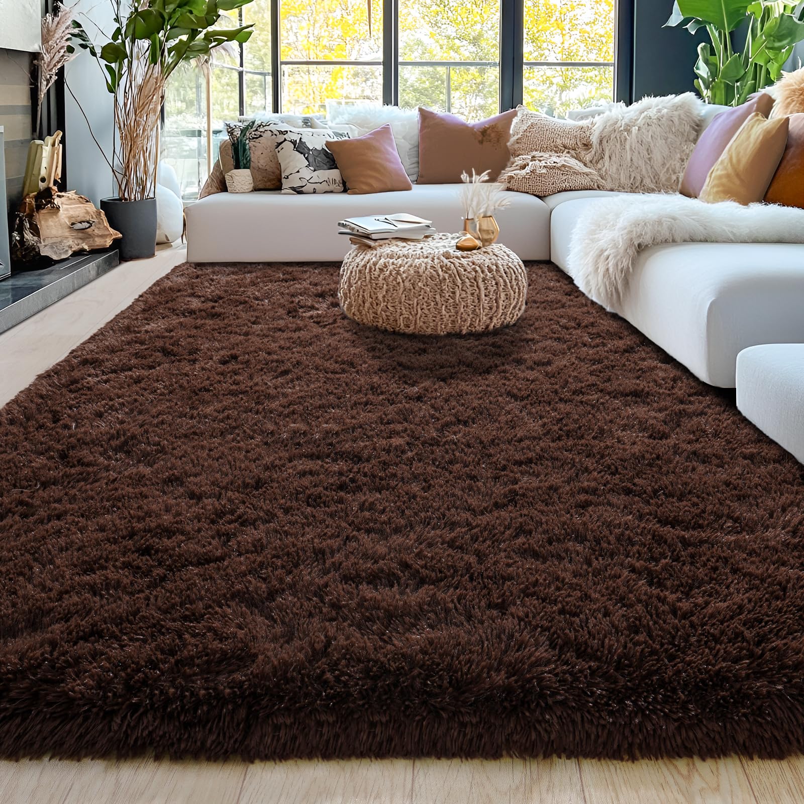 iEvery Brown Rugs for Living Room Large 160x230 cm, Plush Fluffy Bedroom Rug Non-Slip, Modern Soft Shaggy Indoor Carpet High Pile for Lounge Playroom Kids Room
