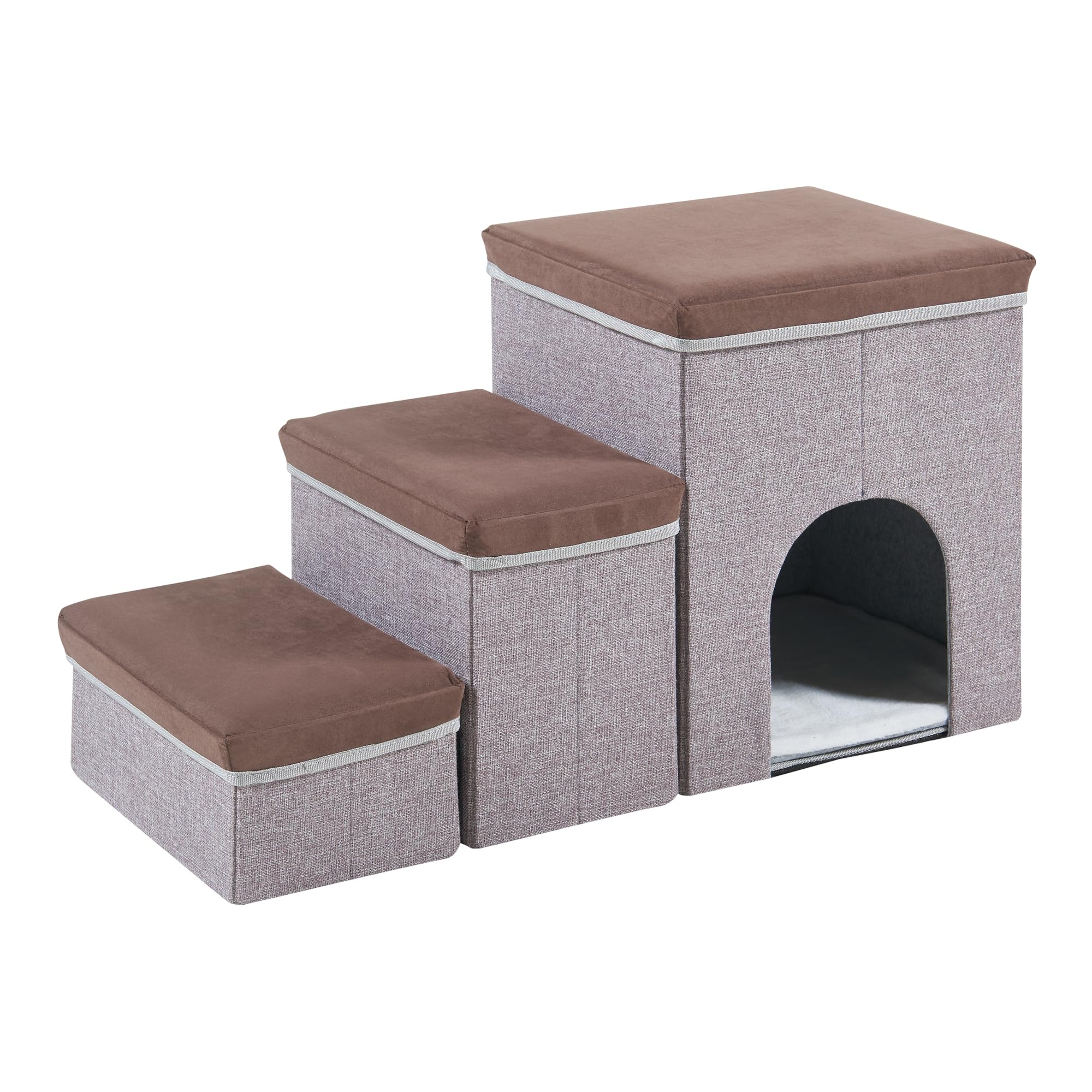 [en.casa] Scala a 3 Gradini per Cani e Gatti con Porticina Contenitori Pieghevoli con Coperchio Antiscivolo in Ecopelle 76 x 33 x 43 cm - Marrone Scuro/Grigio