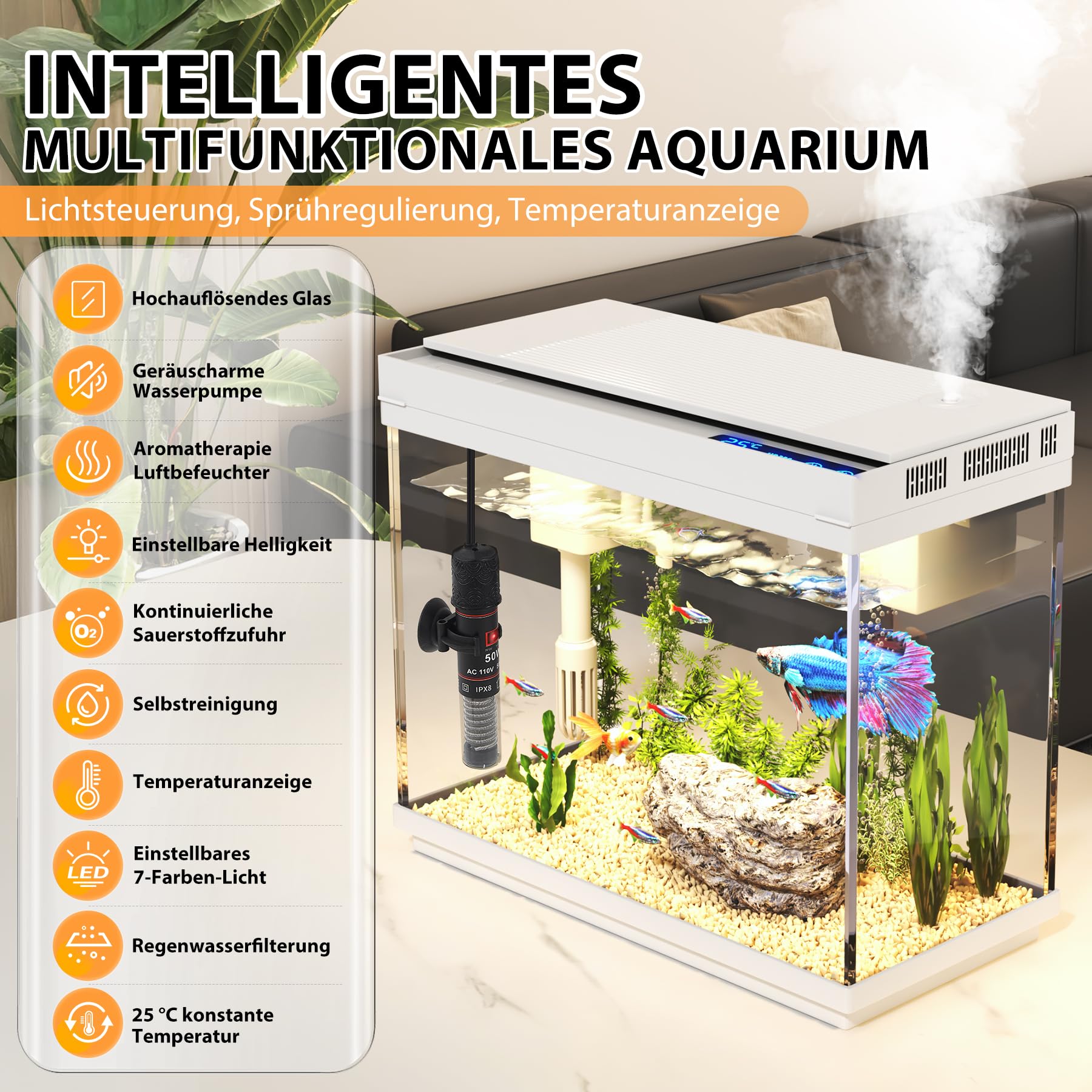 Vehipa 9L Aquarium Komplettset, Mini Nano Aquarium Büro-Desktop-Dekoration | mit Filter, Heizer, 7-farbige Beleuchtung, intelligentem Luftbefeuchter